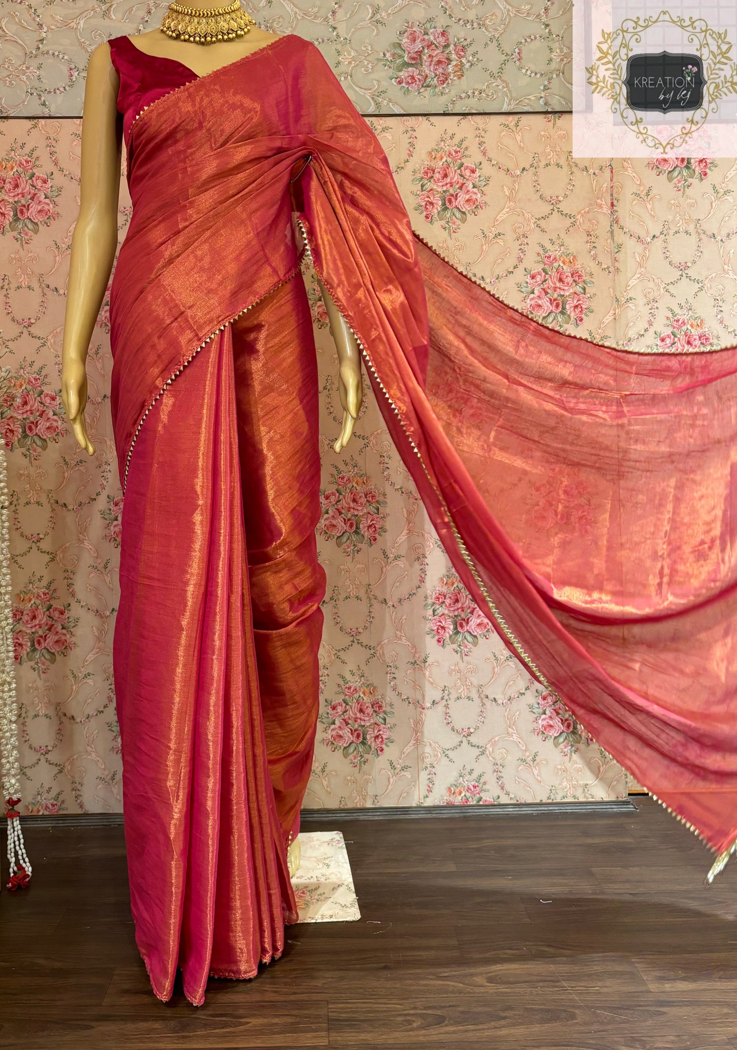 Coral Pink Cotton Tissue saree kreationbykj