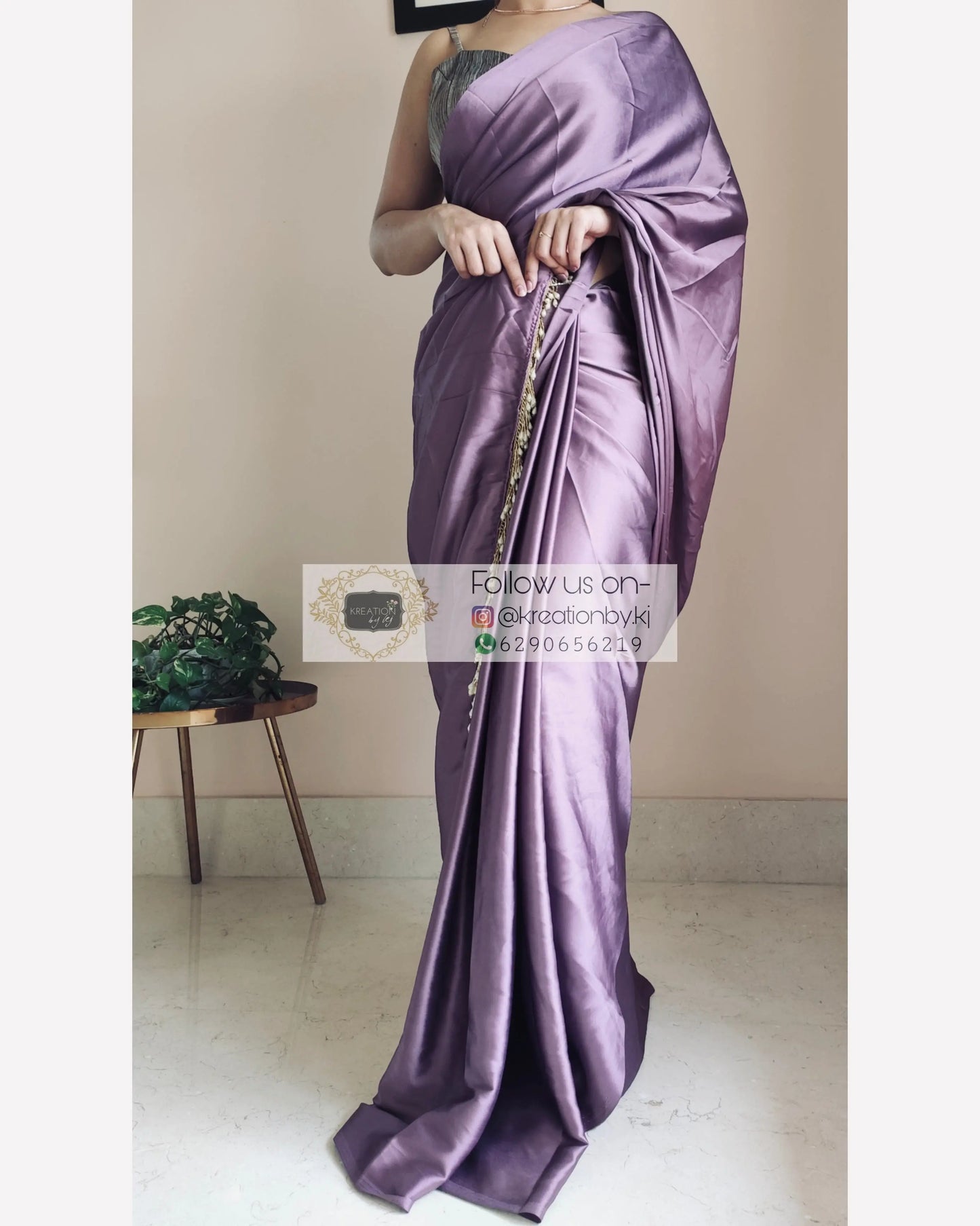 Heather Satin Silk Saree With Handmade Tassels On Pallu kreationbykj.in
