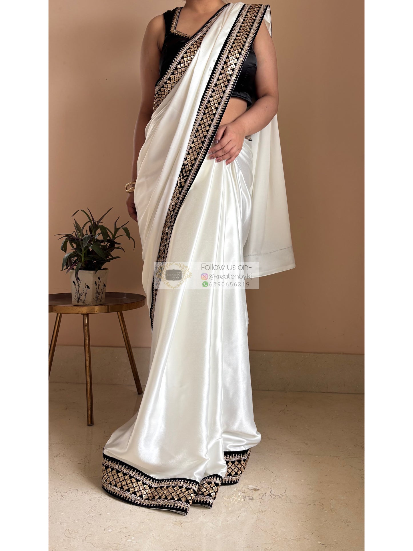 Cream Satin Silk Saree with Black Border Party Wear - kreationbykj