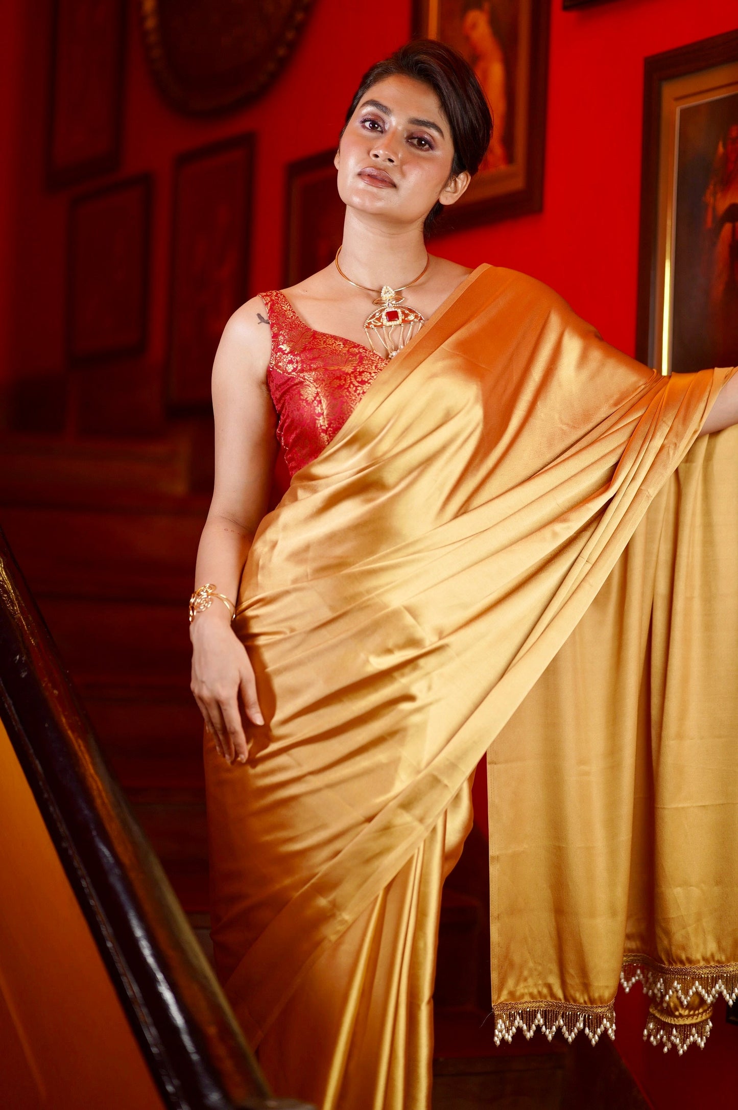 Champagne Gold Satin Saree kreationbykj
