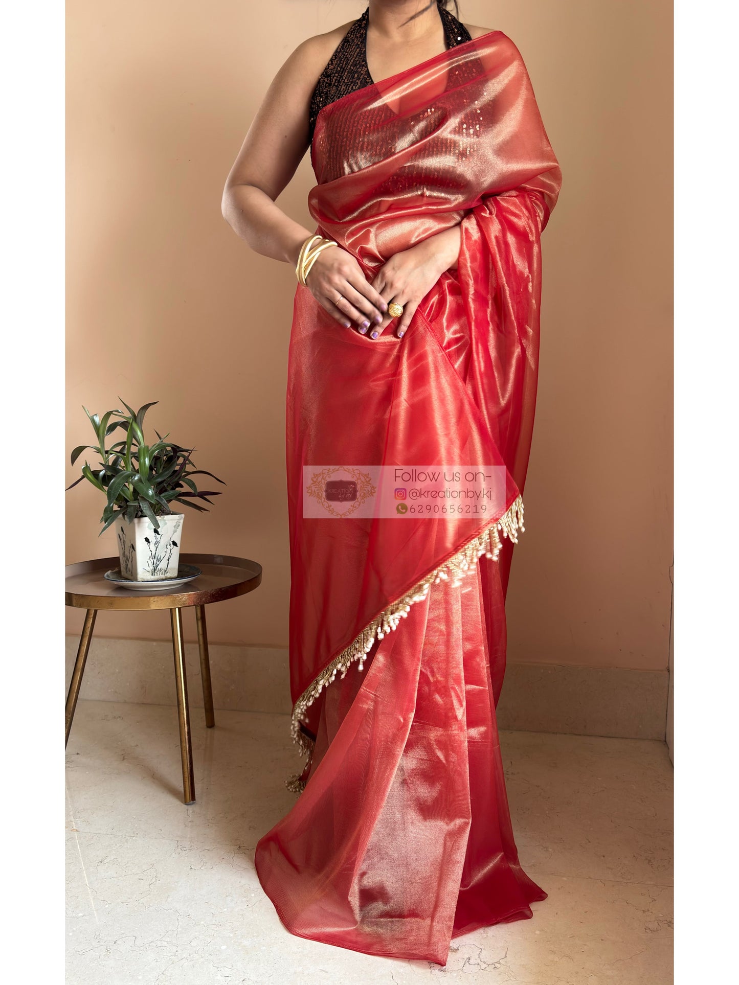Sunset Orange Tissue Net Saree kreationbykj