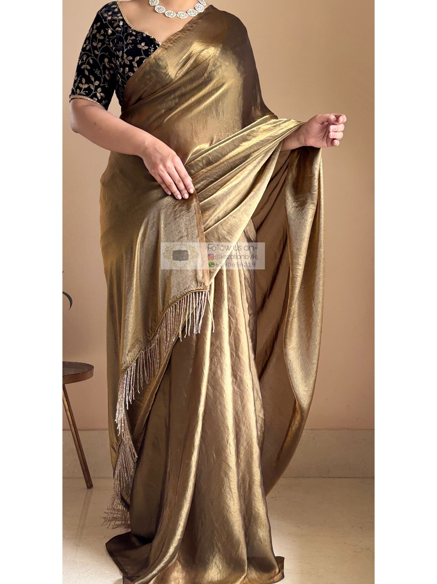 Molten Golden Shimmer Satin Saree With Handmade Tassels on Pallu kreationbykj