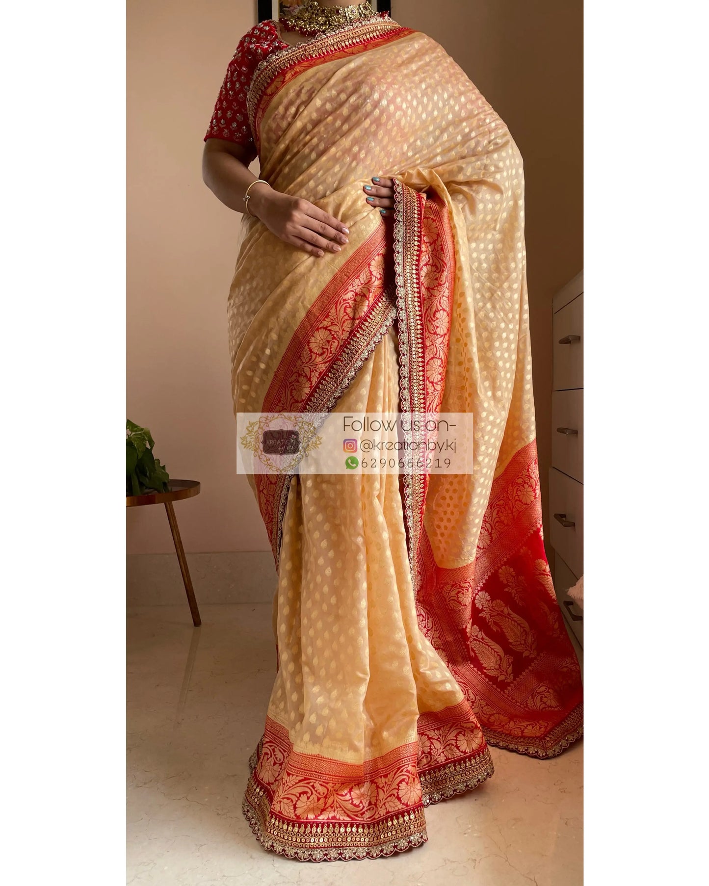 Beige Banarasi Georgette Saree with Red Border for Puja kreationbykj