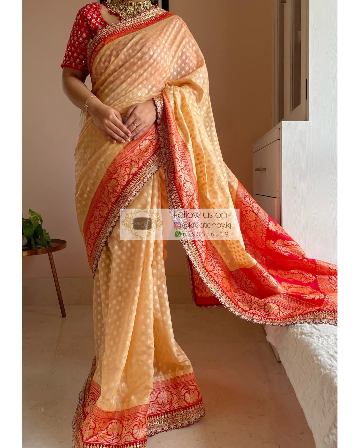 Beige Banarasi Georgette Saree with Red Border for Puja kreationbykj