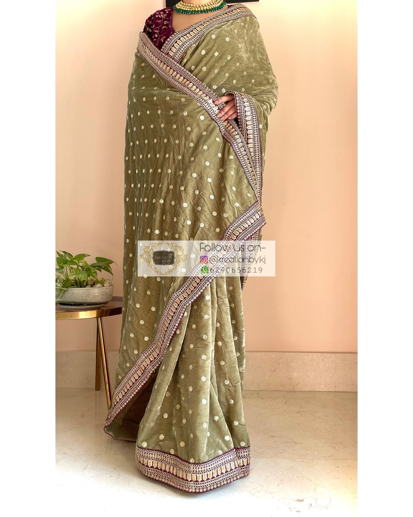 Sage Green Velvet Saree With Border kreationbykj