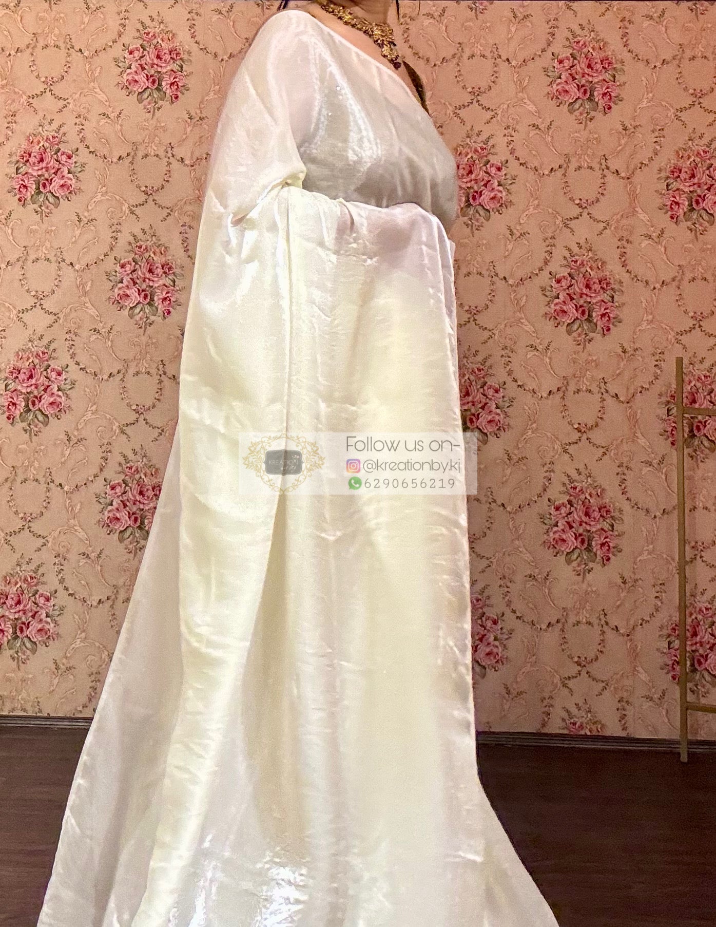 Cream Dream Shimmer Satin Saree - kreationbykj