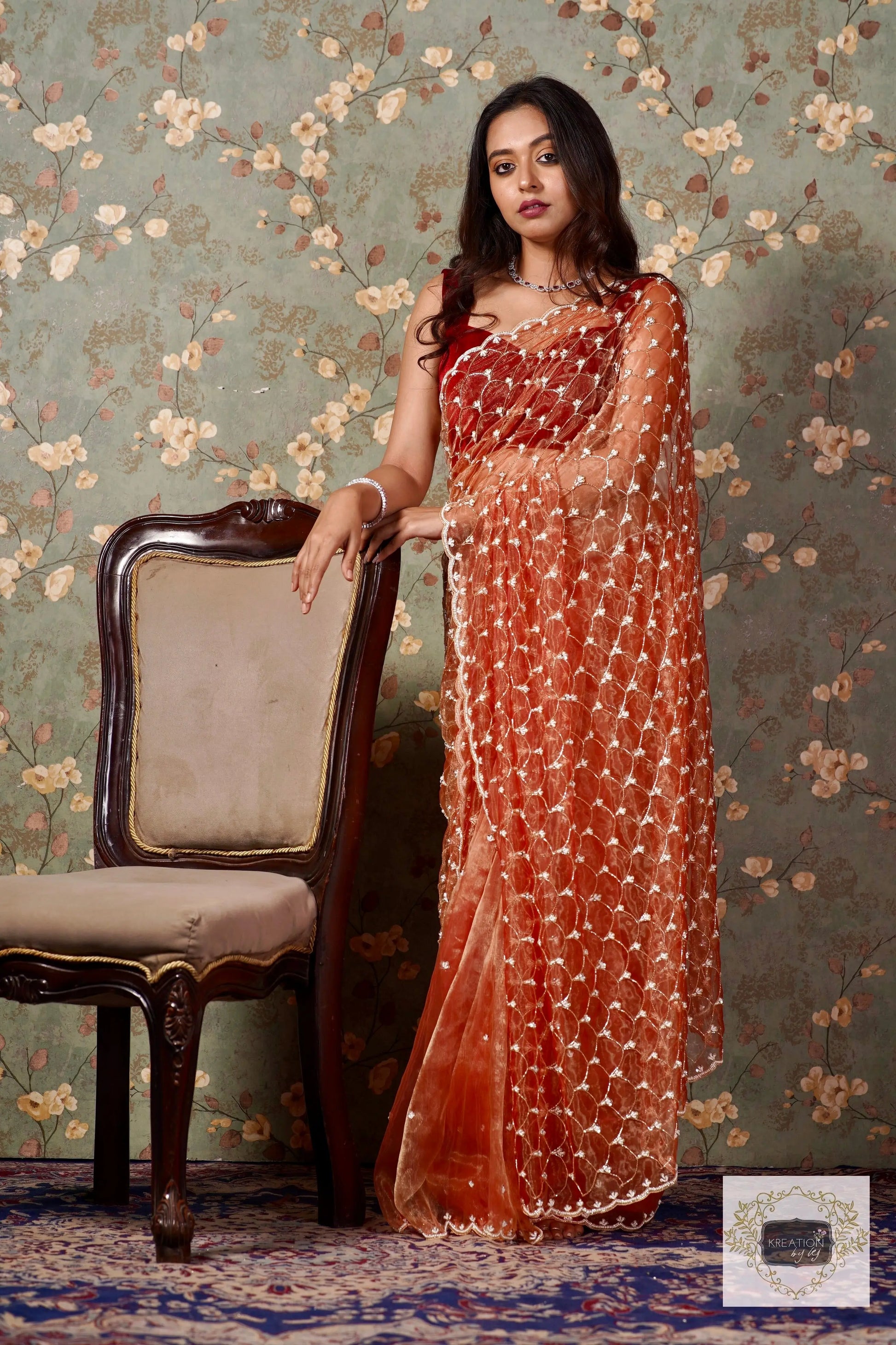 Marigold Glass Tissue Mehraab Jaal Saree kreationbykj