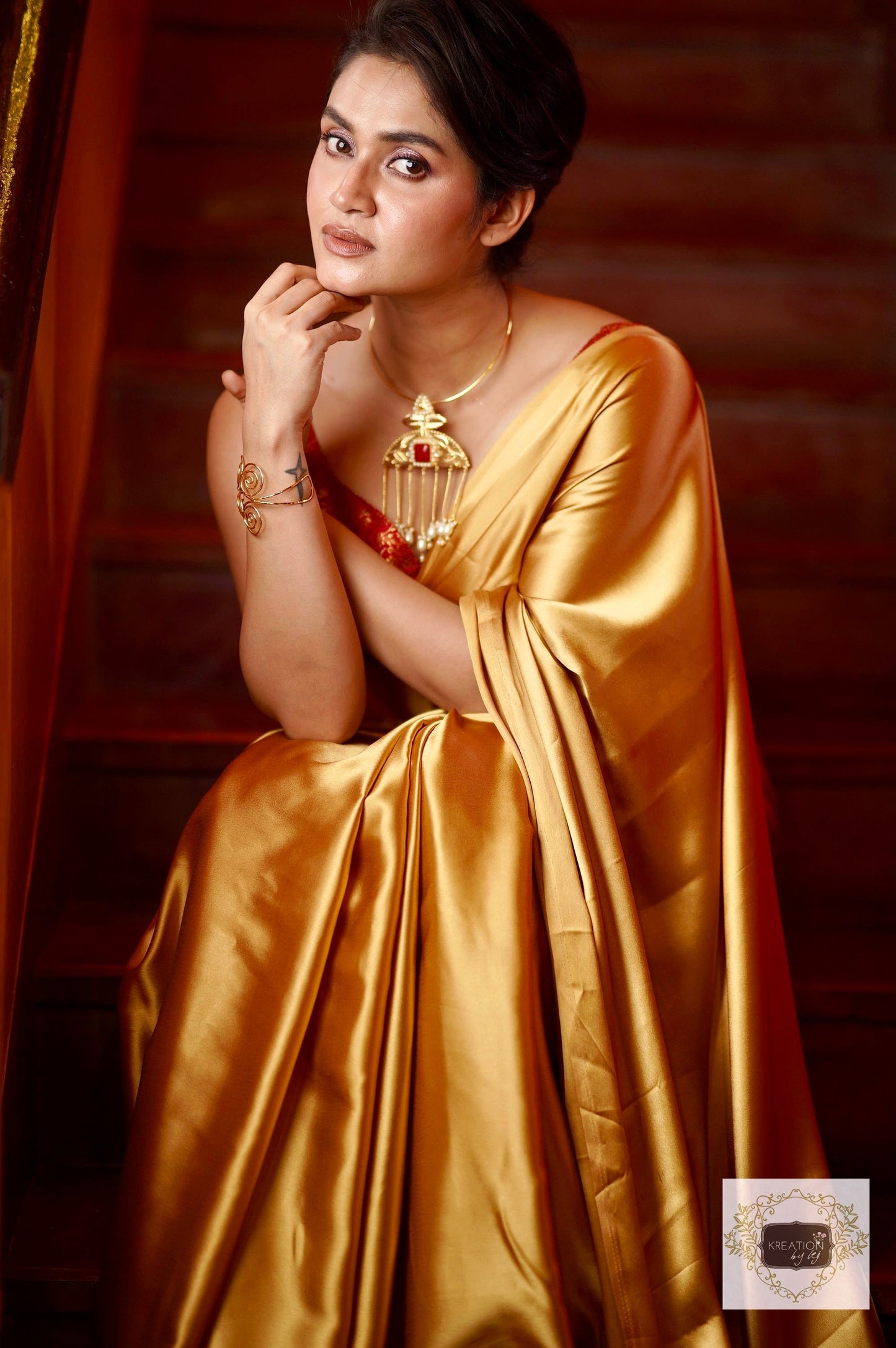 Champagne Gold Satin Saree kreationbykj