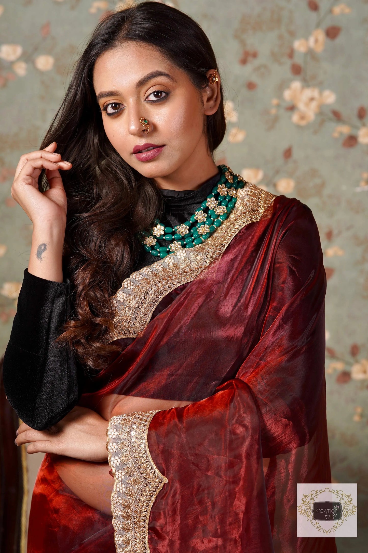 Maroon Glass Tissue with Golden  Border Saree kreationbykj
