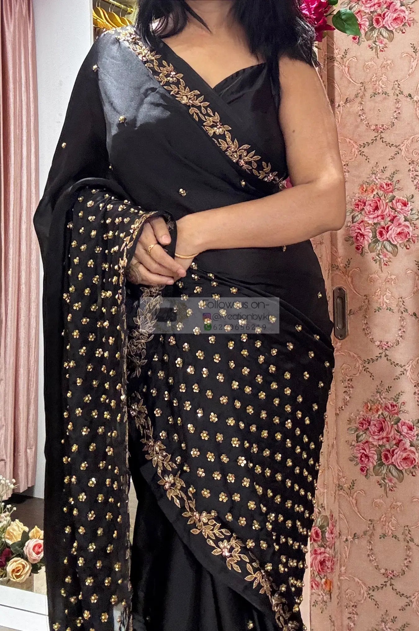 Black Crepe Silk Badan Pe Sitare Cocktail Saree kreationbykj