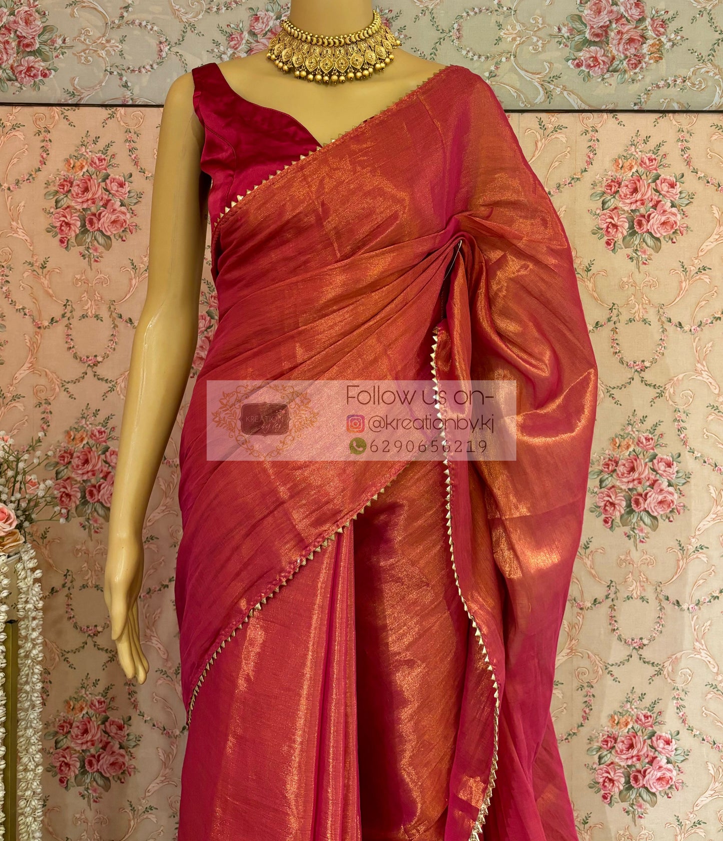 Coral Pink Cotton Tissue saree kreationbykj