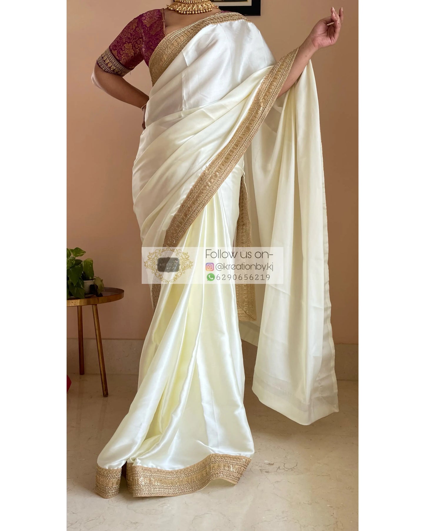 Cream Satin Silk Saree with Beige Border-Agomoni kreationbykj