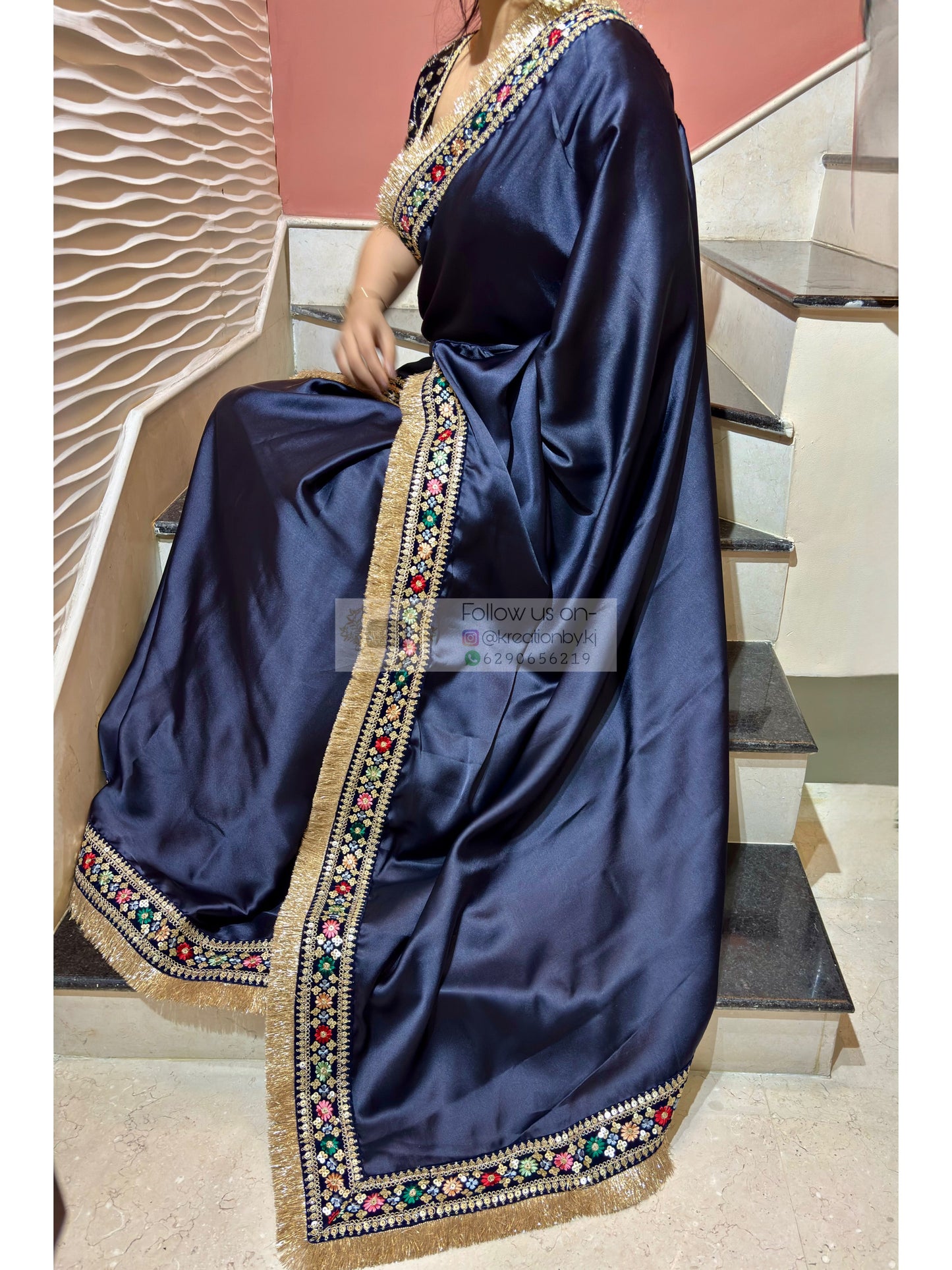 Navy Blue Satin Silk Floral Banno Saree kreationbykj