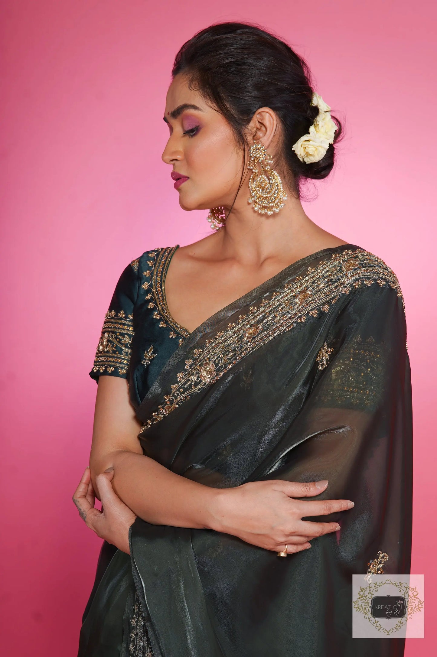 Dark Green Zarina Glassy Organza Saree kreationbykj
