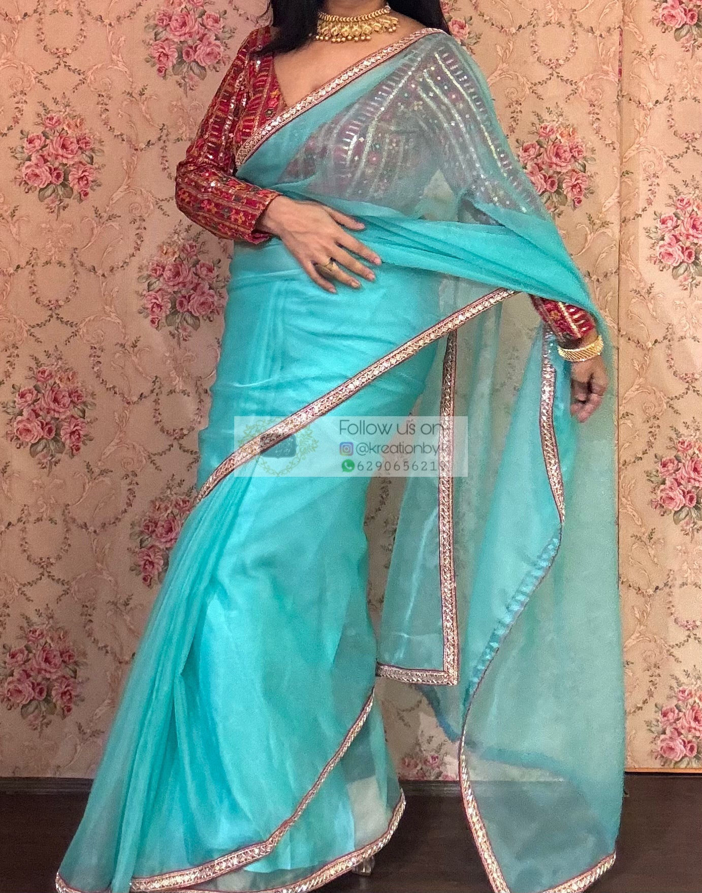 Aqua Blue Organza Saree With Red Cutdana Border kreationbykj