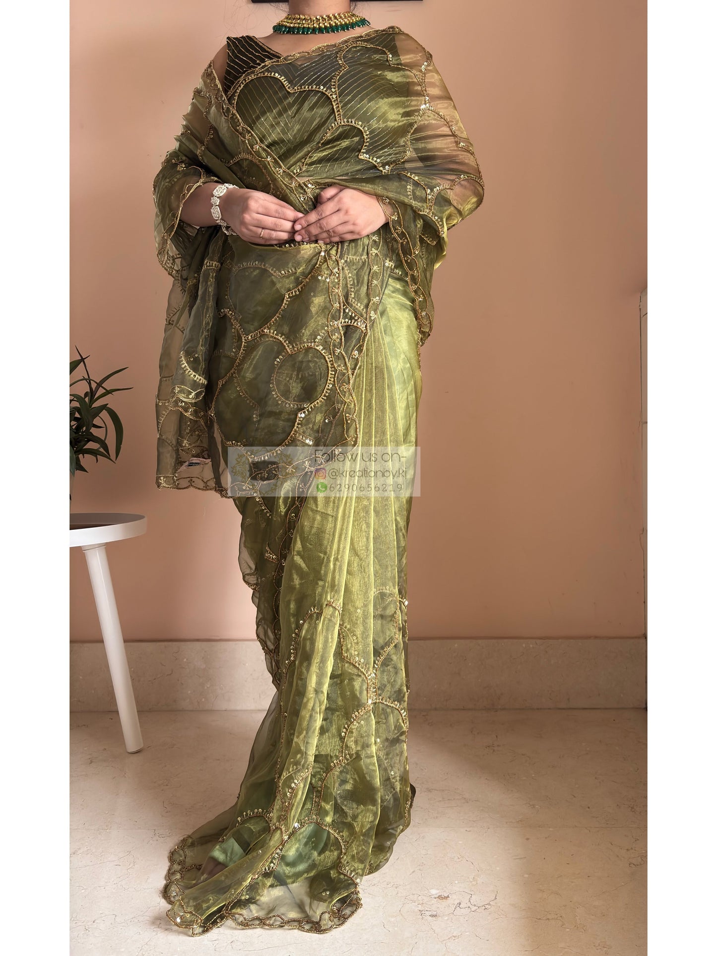 Military Green Chaudhvin ka Chand Saree for Wedding Kreation by KJ