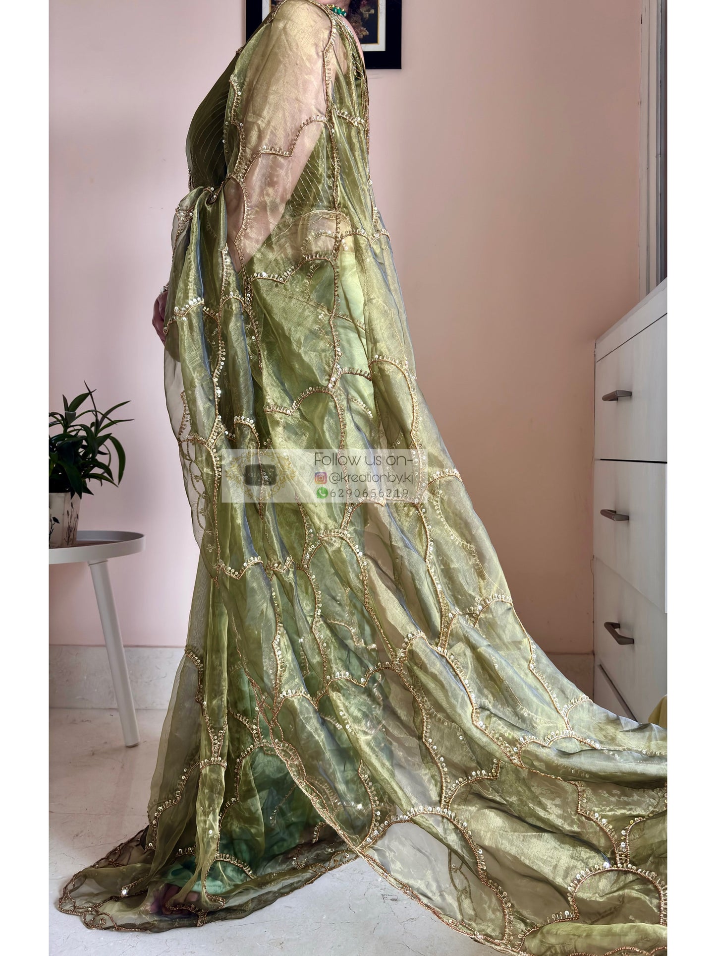 Military Green Chaudhvin ka Chand Saree for Wedding Kreation by KJ