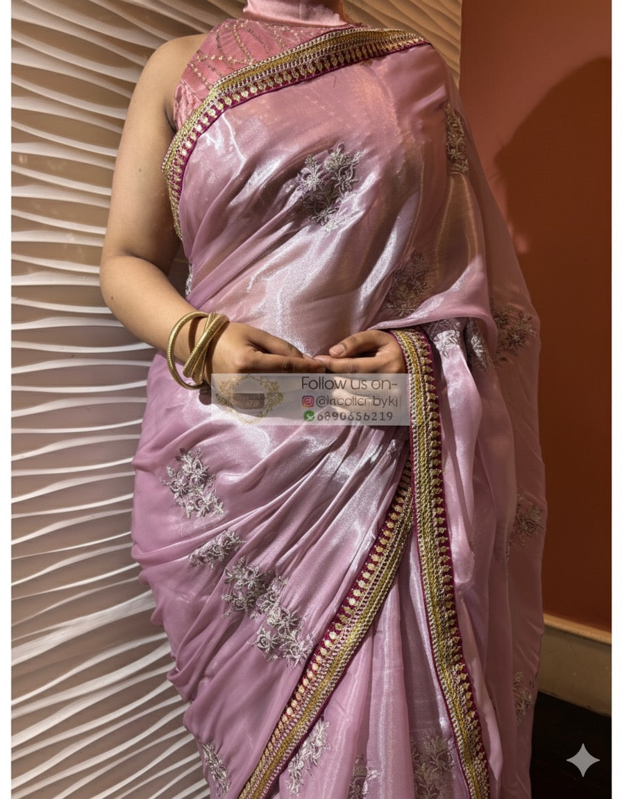 Lilac Metallic Organza Saree With Embellished Border kreationbykj