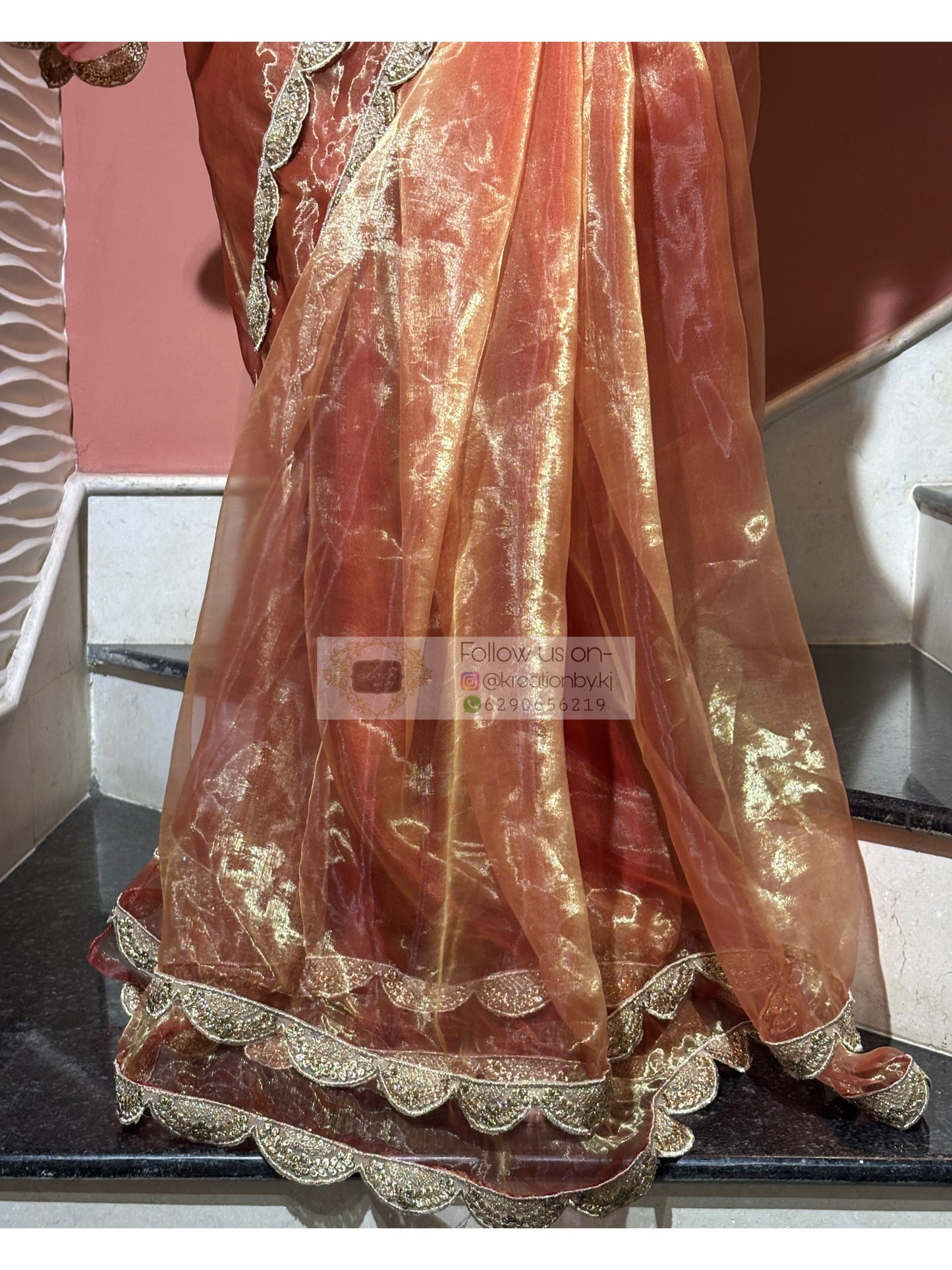 Marigold Glass Tissue Scalloped Border Saree