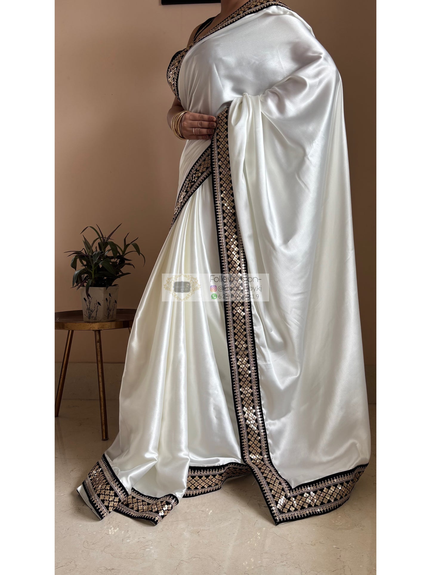 Cream Satin Silk Saree with Black Border Party Wear - kreationbykj