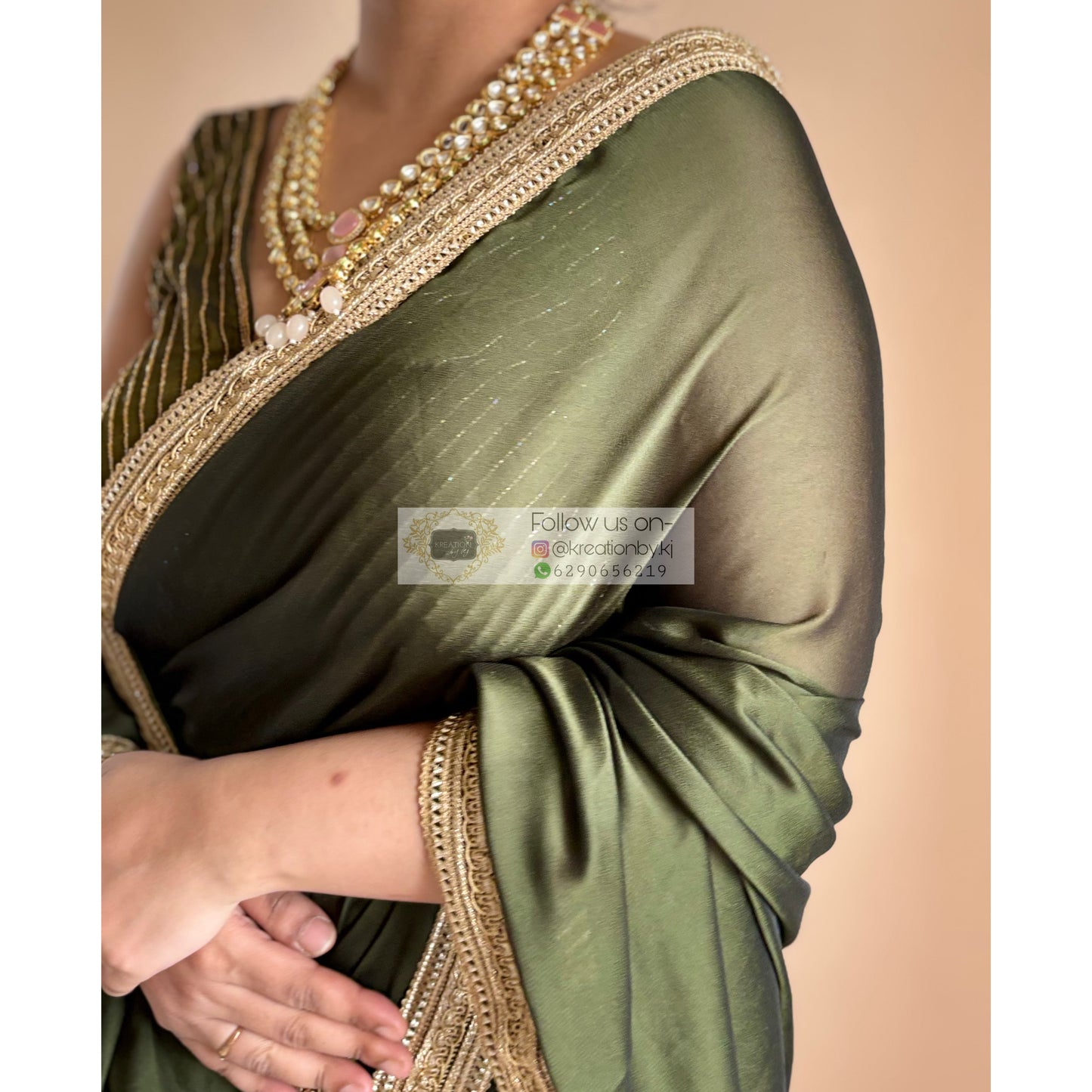 Olive Green Georgette Saree with Golden Border Kreation by KJ