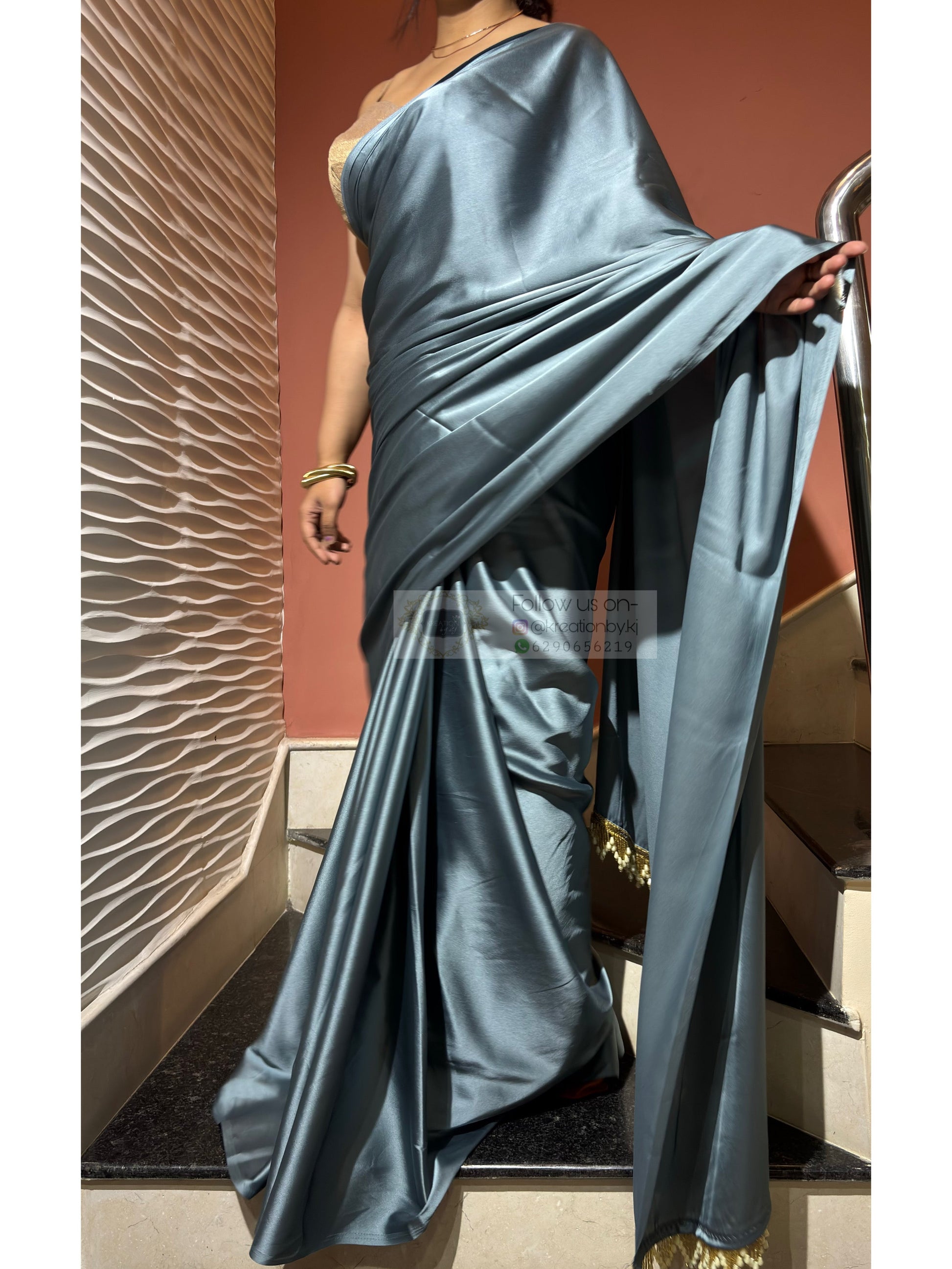 Slate Grey Satin Silk Saree with Handmade Tassels on Pallu kreationbykj
