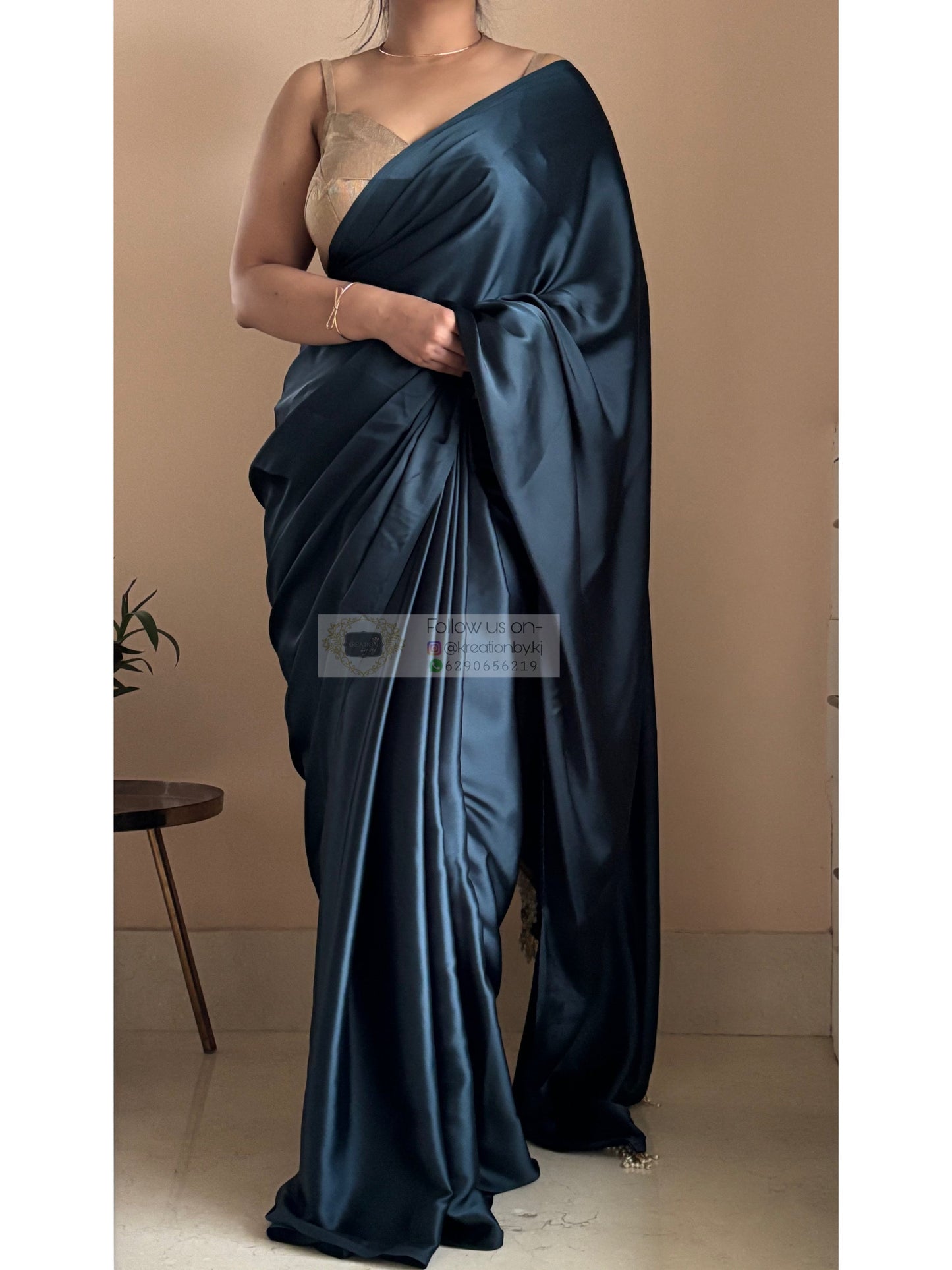 Midnight Blue Satin Silk Saree With Handmade Tassels On Pallu kreationbykj