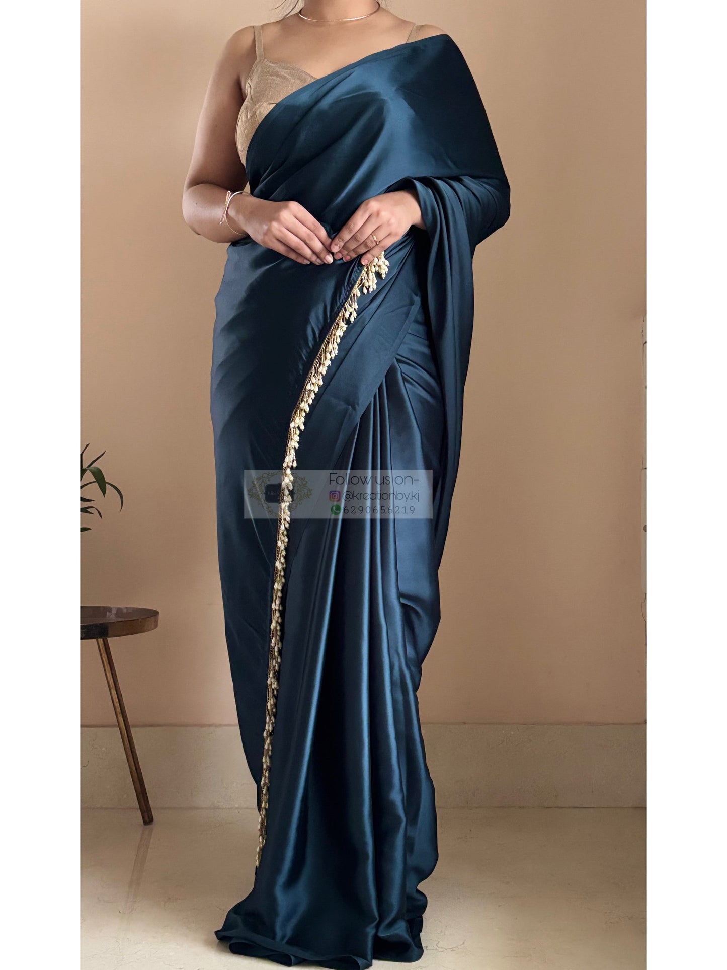 Midnight Blue Satin Silk Saree With Handmade Tassels On Pallu kreationbykj