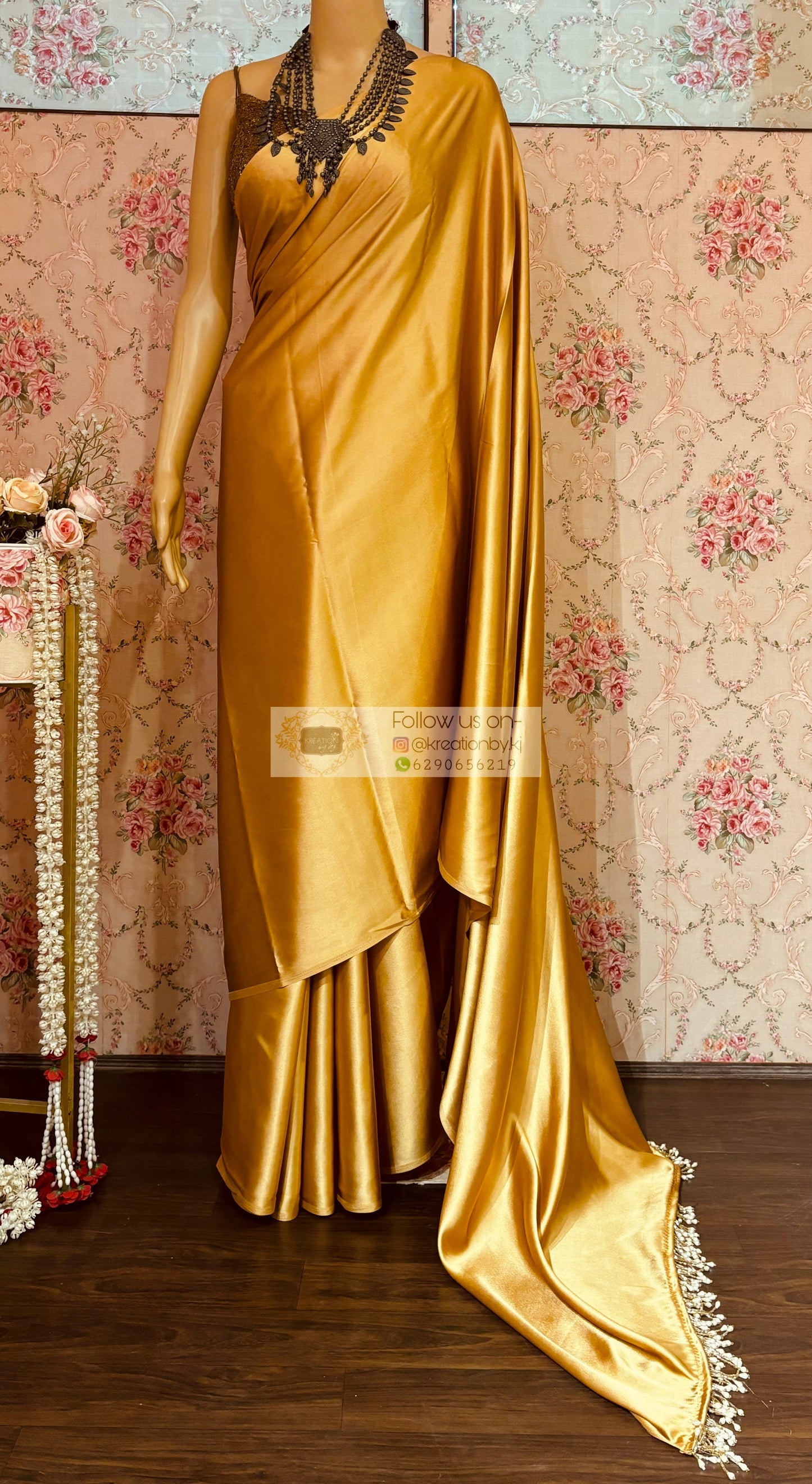 Champagne Gold Satin Saree kreationbykj