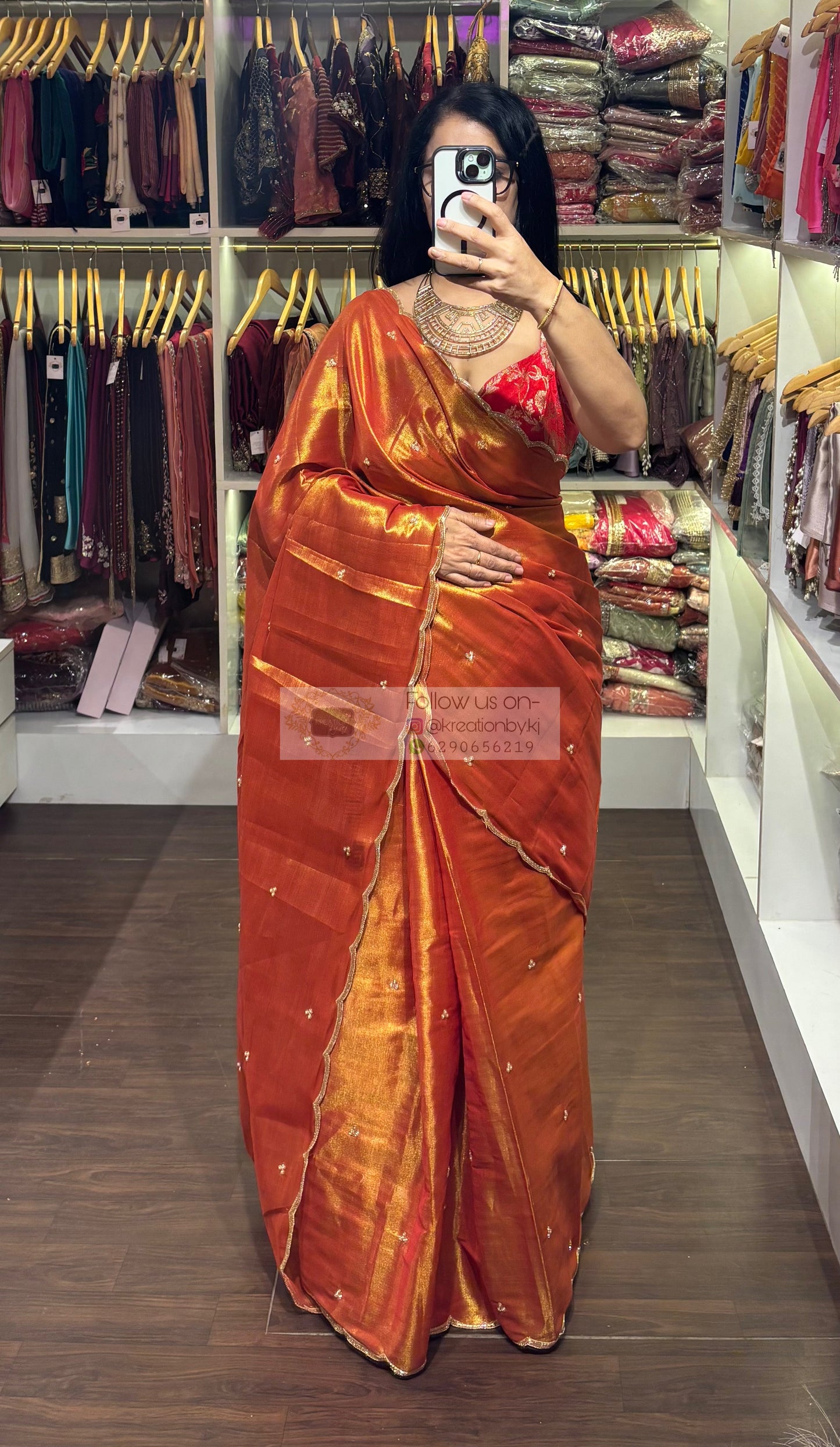 Burnt Orange Tissue Saree with Handembroidered Scalloping kreationbykj