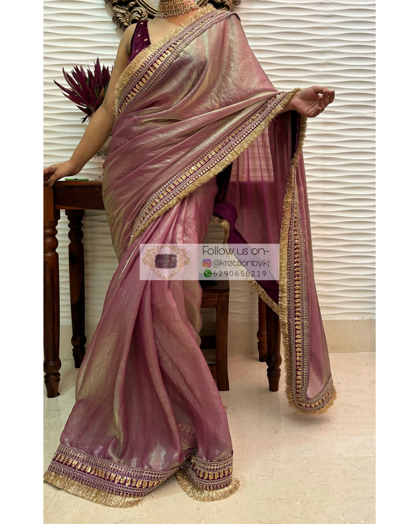 Mauve Metallic Shimmer Satin Banno Saree kreationbykj