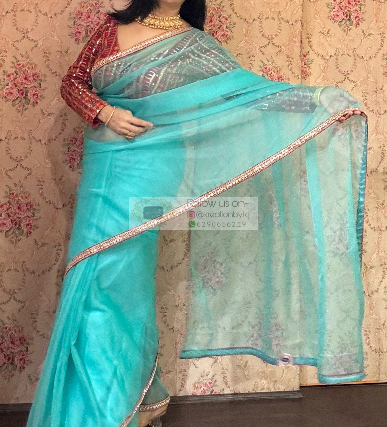 Aqua Blue Organza Saree With Red Cutdana Border kreationbykj