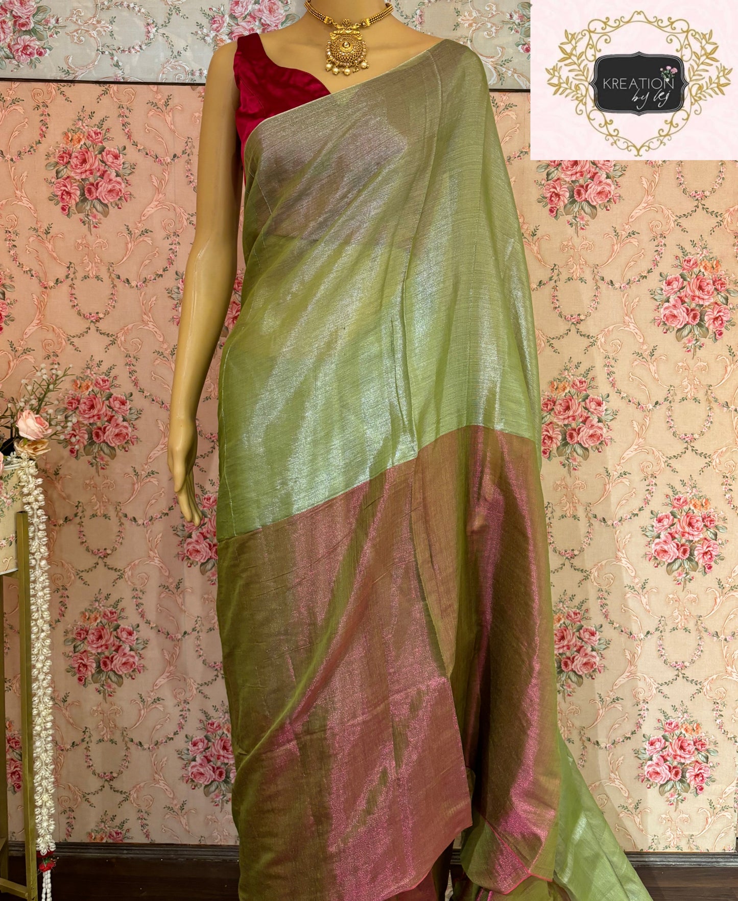 Badam Pista Cotton Tissue Saree kreationbykj