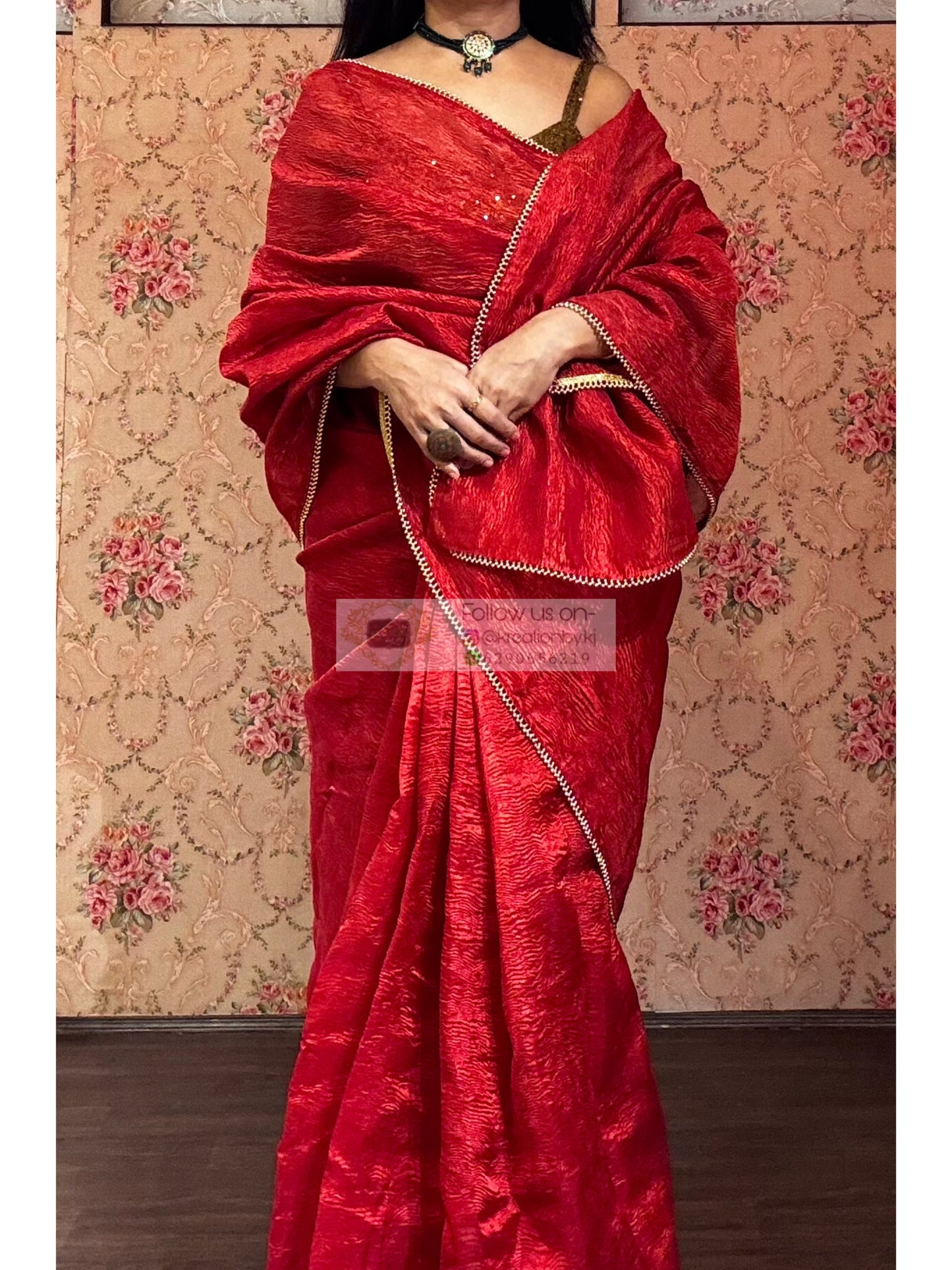 Red Crushed Tissue Saree with Golden Border kreationbykj
