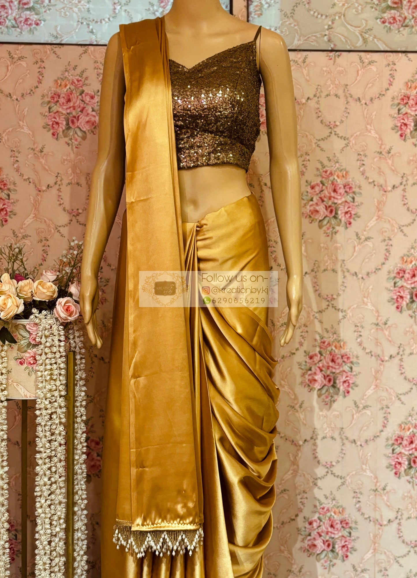 Champagne Gold Satin Saree kreationbykj