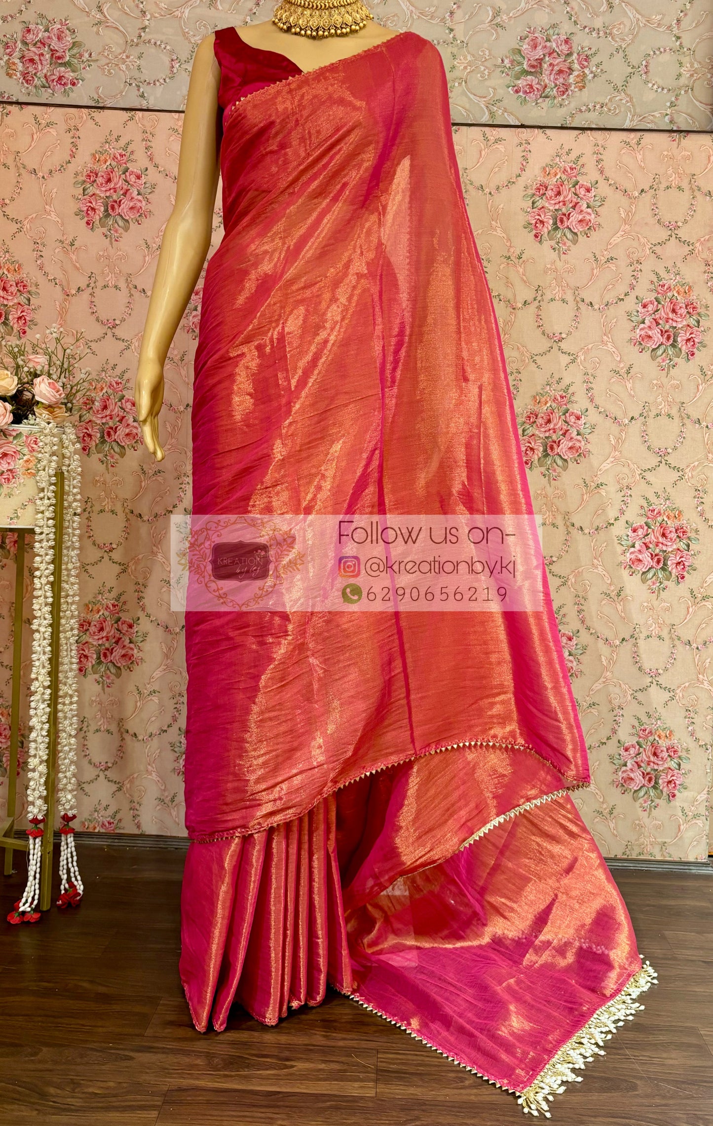 Coral Pink Cotton Tissue saree kreationbykj
