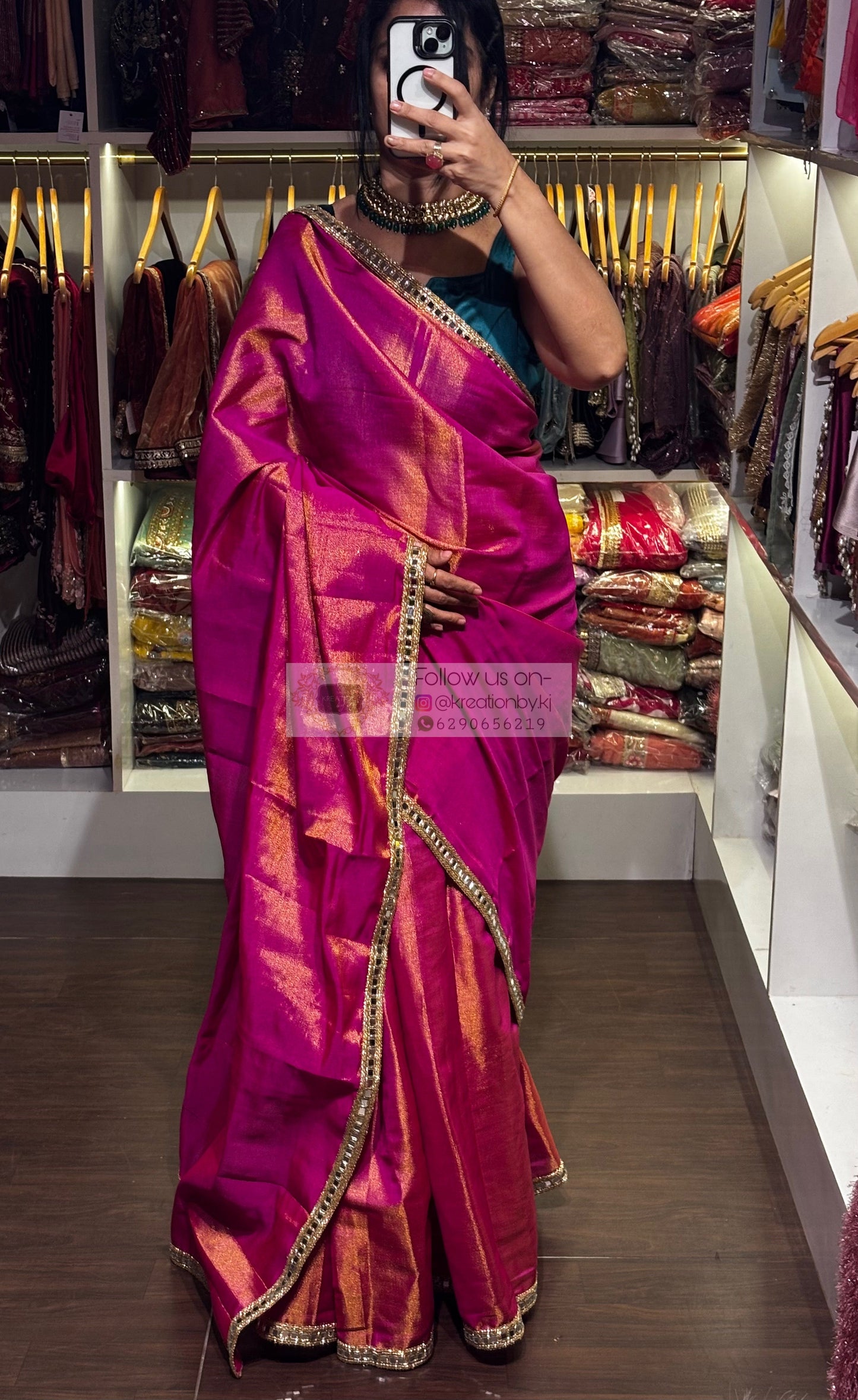 Hot Pink Mirage Saree with Cut Mirror Border kreationbykj
