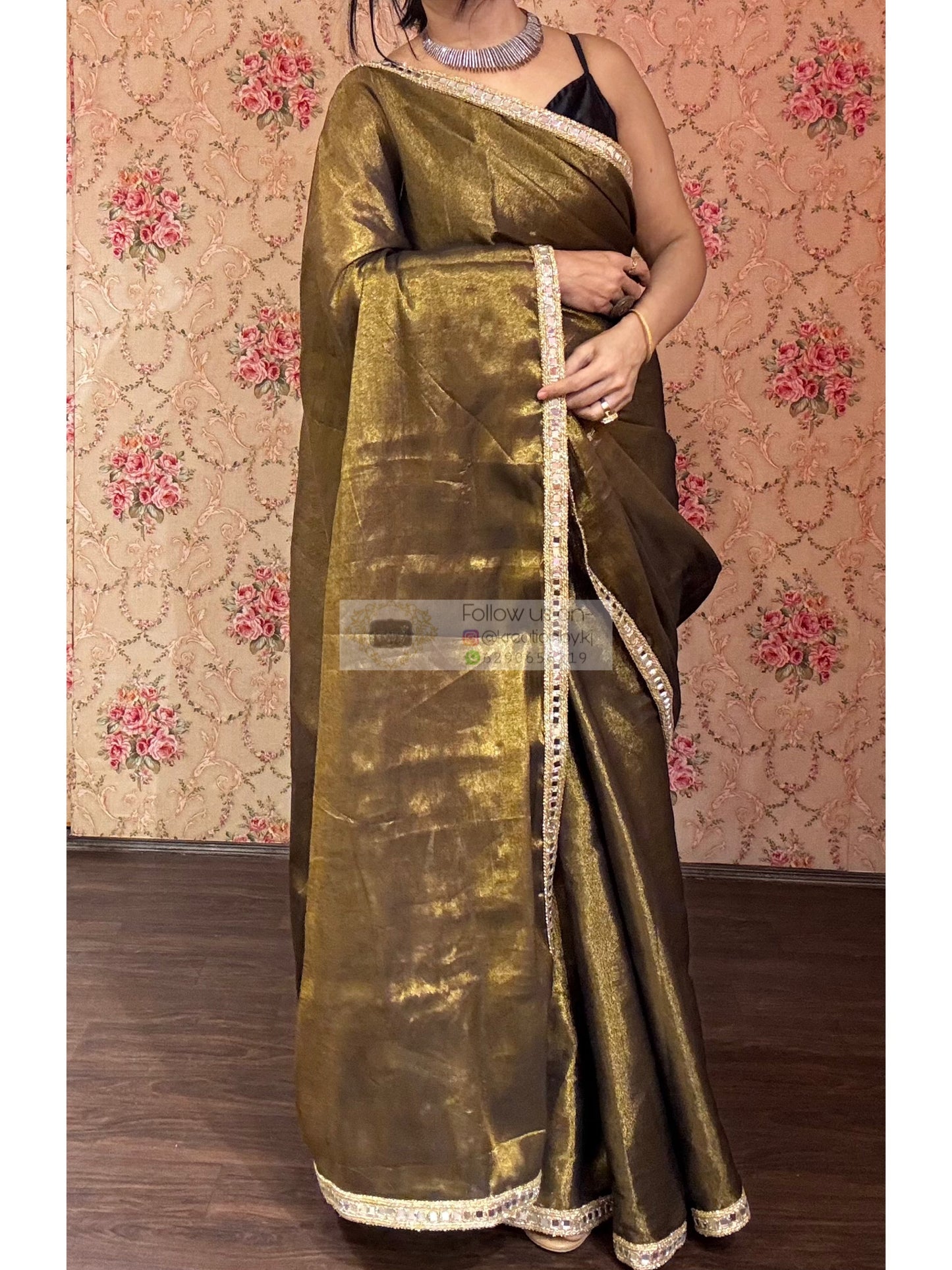 Black Tissue Mirage Saree Cut Mirror Border kreationbykj