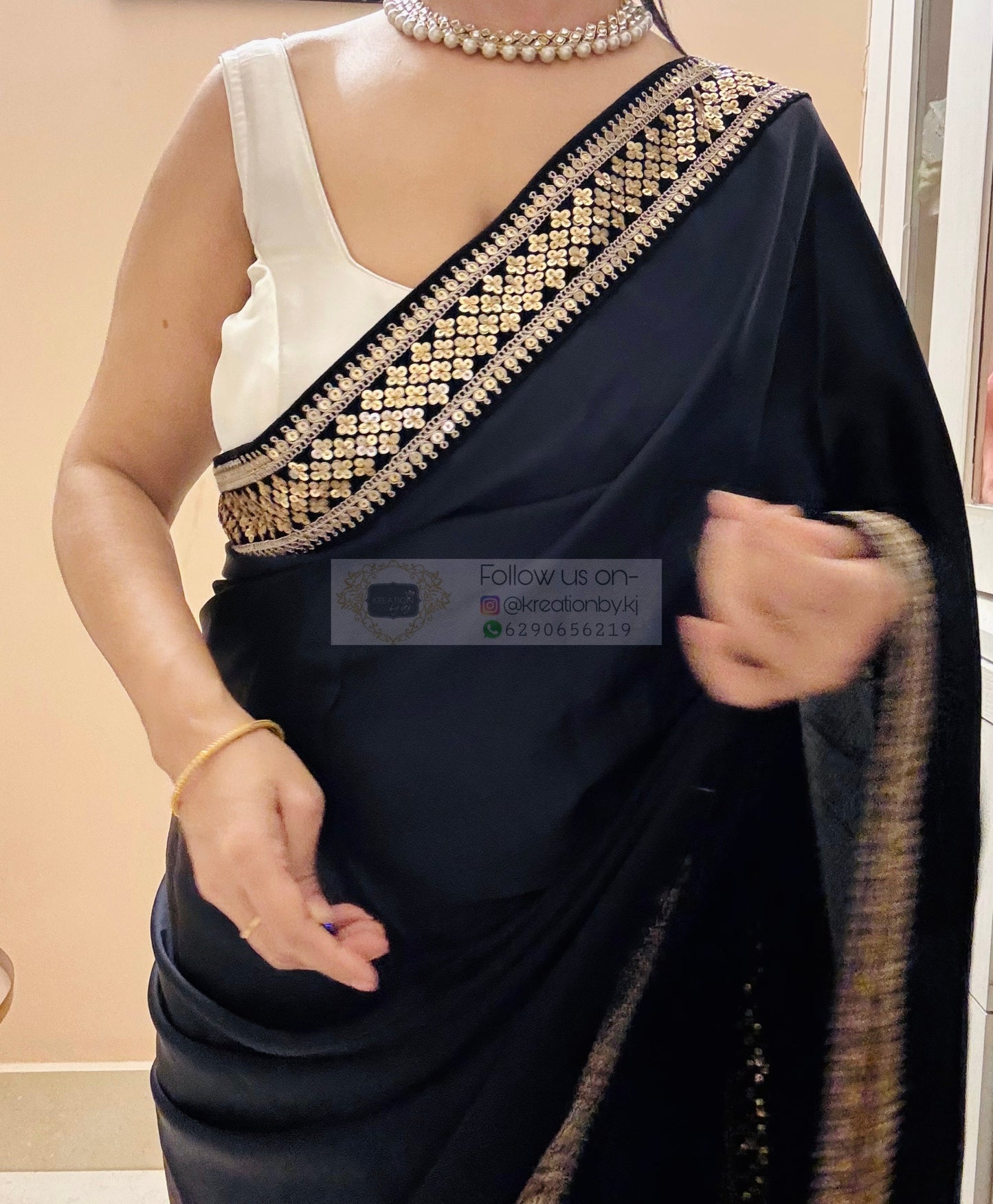 Dark Navy Blue Satin Silk Saree with Black Border kreationbykj