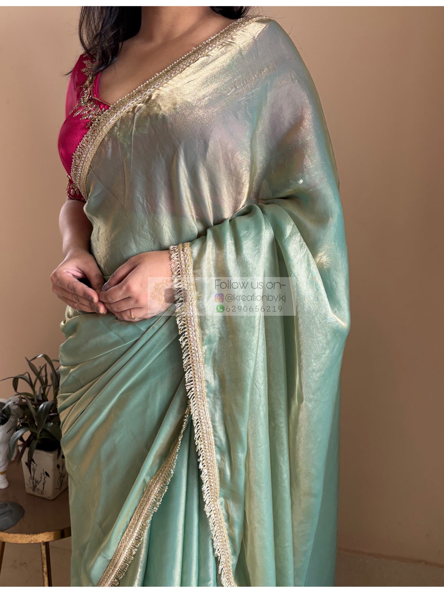 Pastel Green Metallic Shimmer Banno Saree kreationbykj