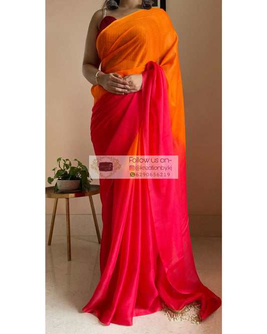 Sunset Ombré Chiffon Saree with Handmade Tassels on Pallu kreationbykj