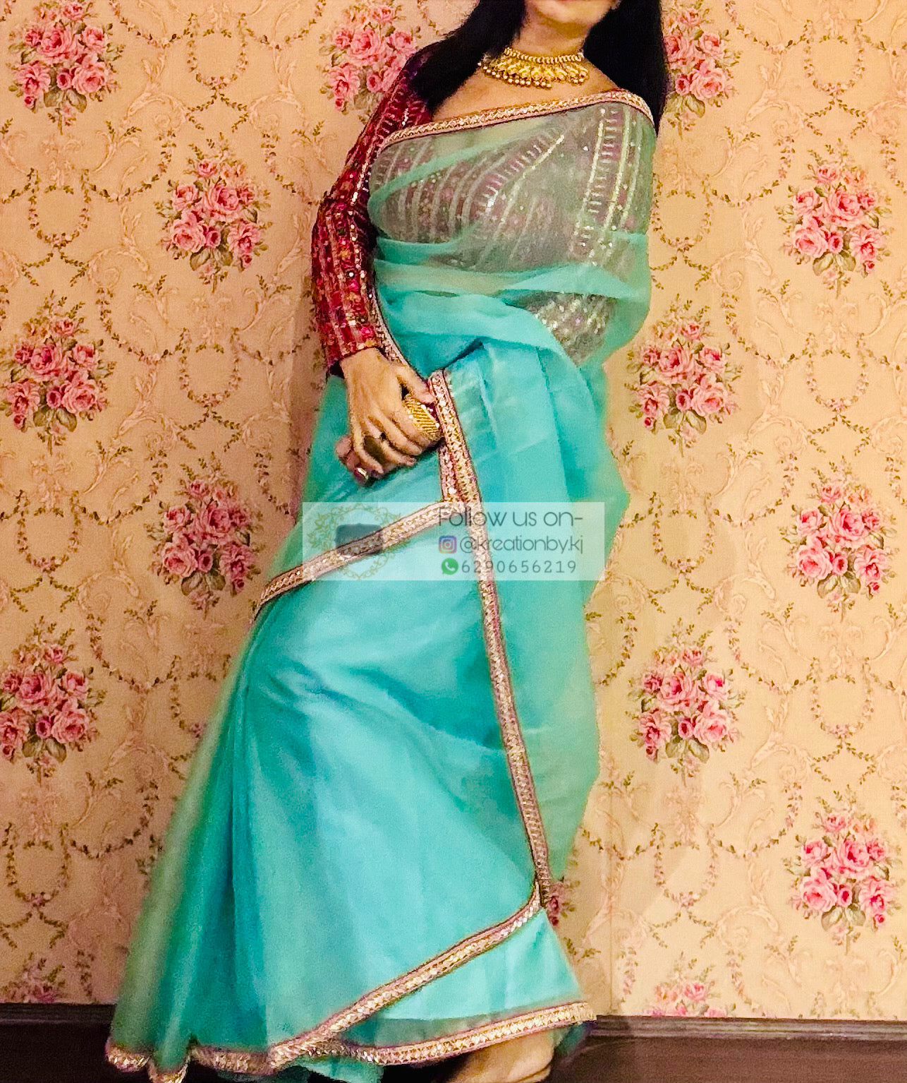 Aqua Blue Organza Saree With Red Cutdana Border kreationbykj