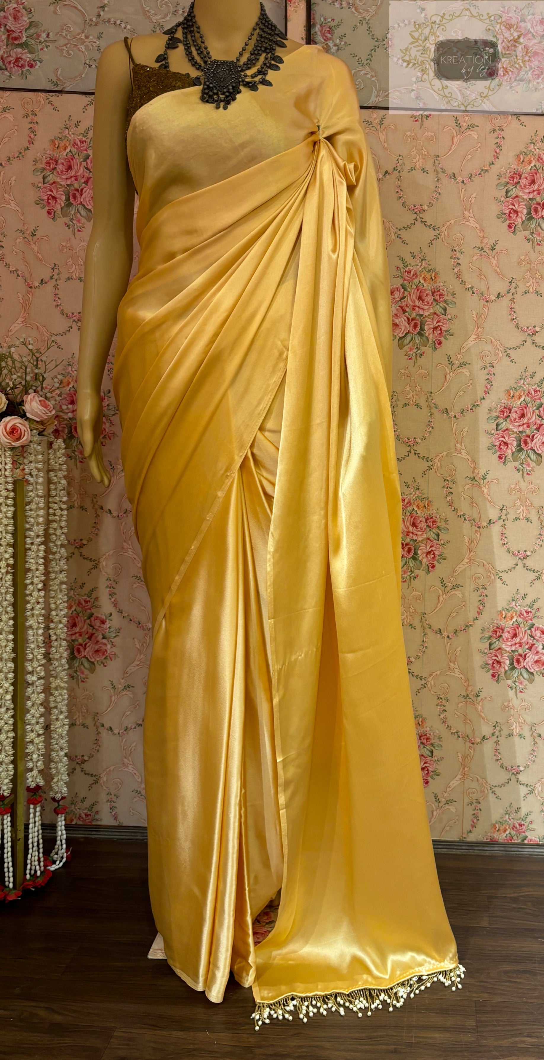 Yellow Cream Satin Silk Saree with Handmade Tassels on Pallu kreationbykj