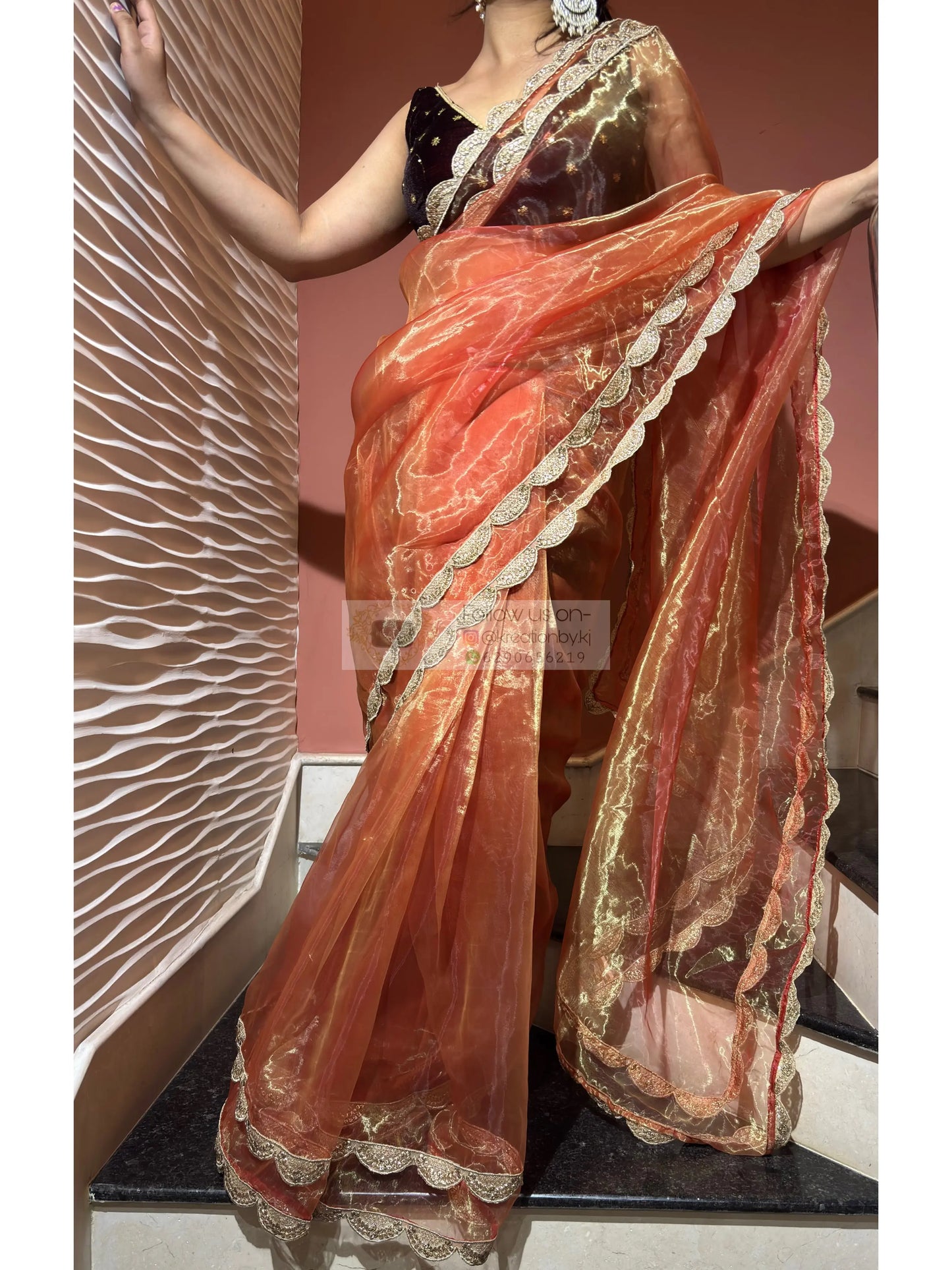 Marigold Glass Tissue Scalloped Border Saree kreationbykj