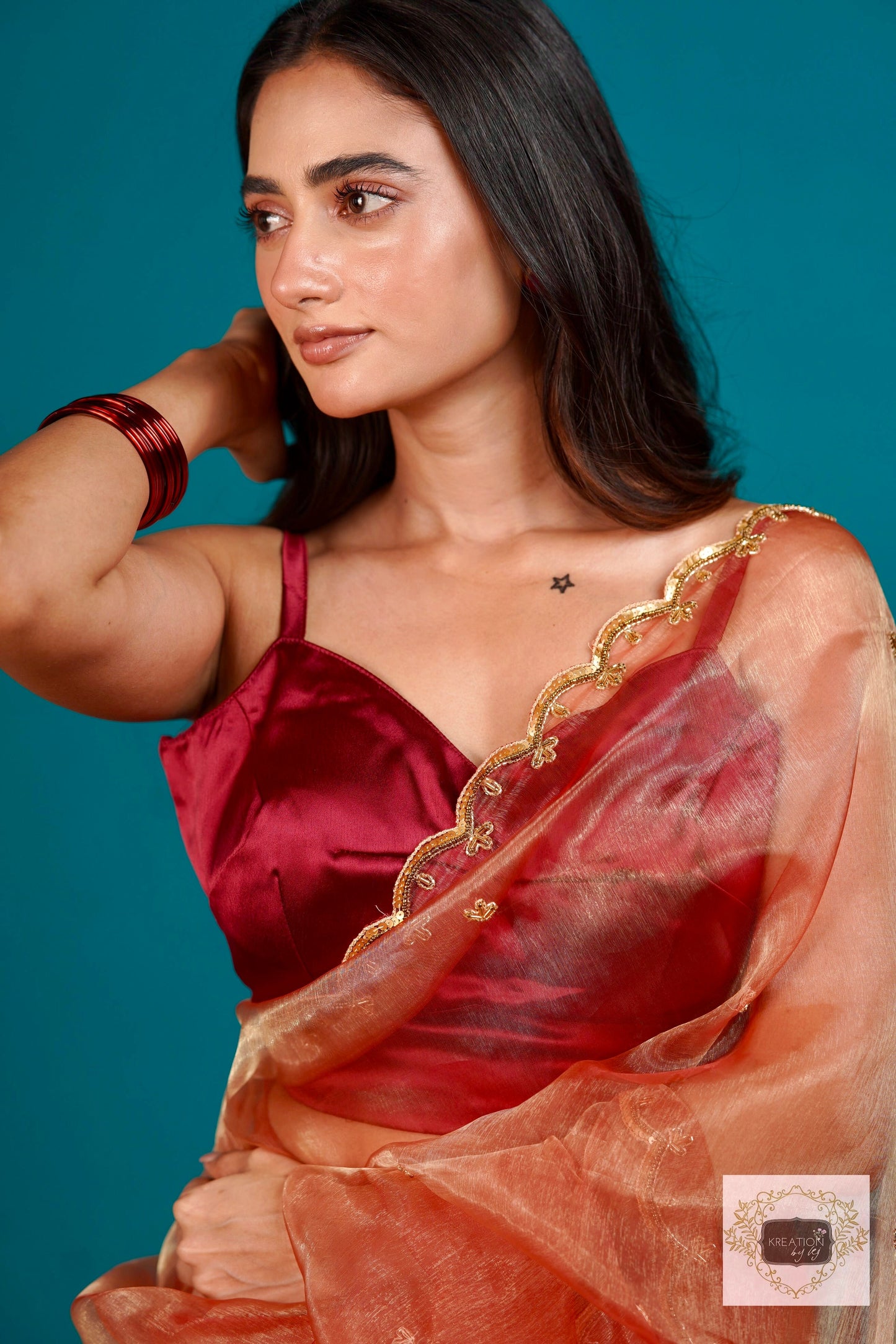 Marigold Glass Tissue Sequin Piyali Saree kreationbykj