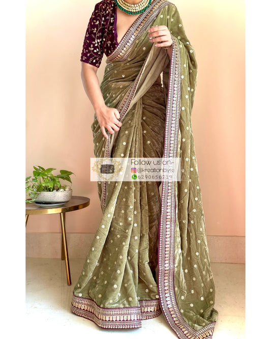 Sage Green Velvet Saree With Border kreationbykj