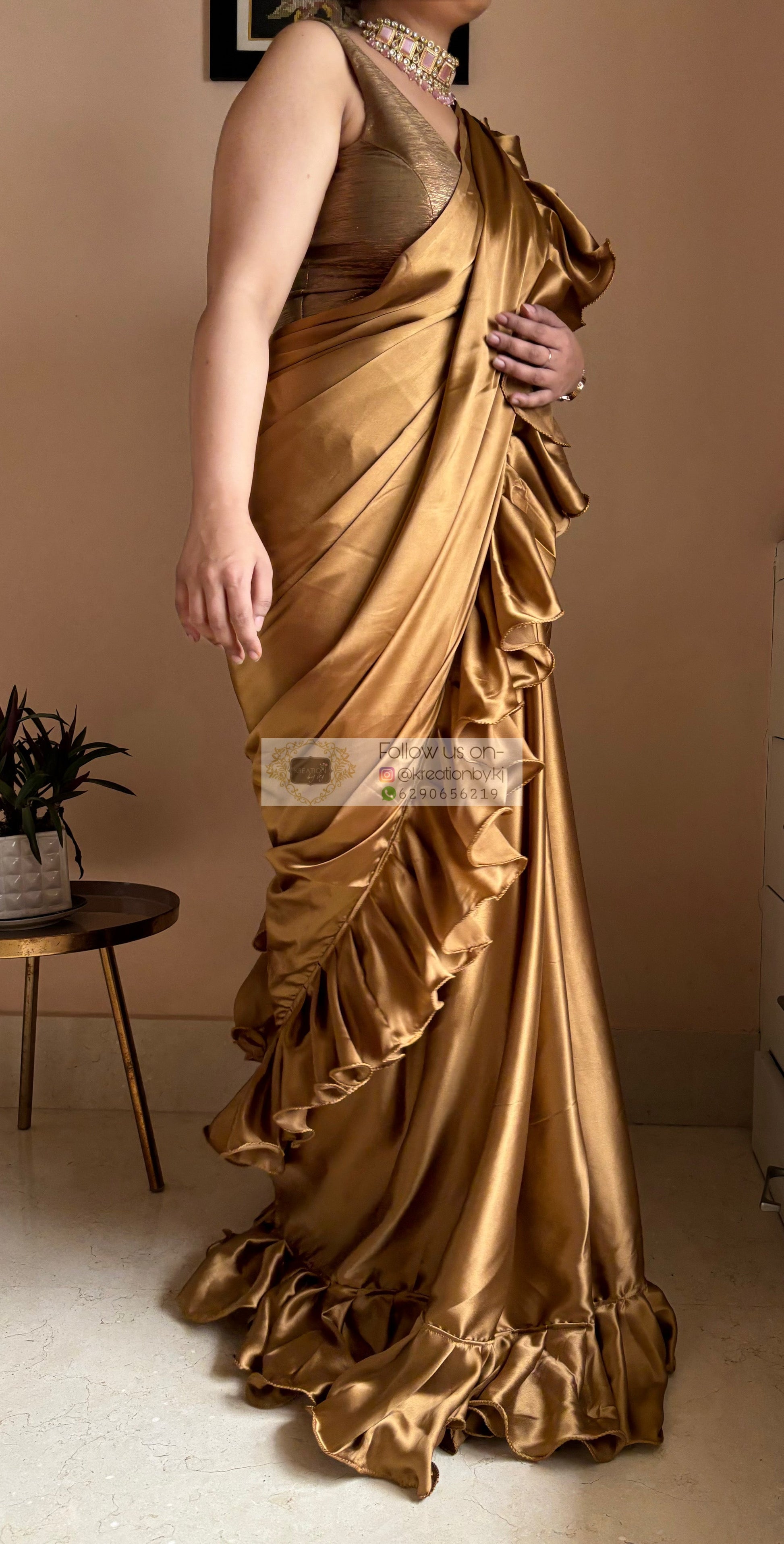 Golden Brown Ruffle Saree kreationbykj