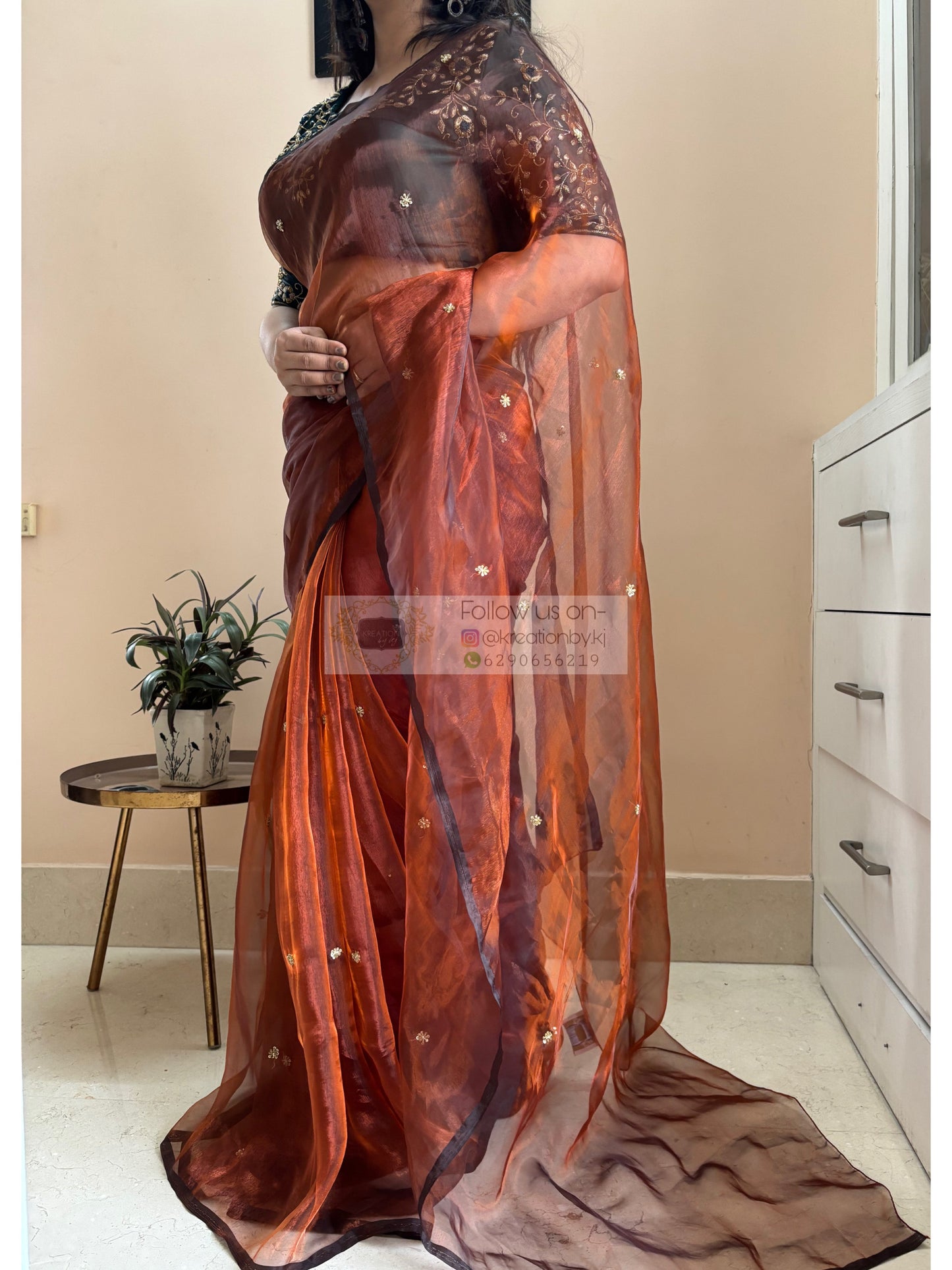 Copper Brown Glass Tissue Cocktail Saree