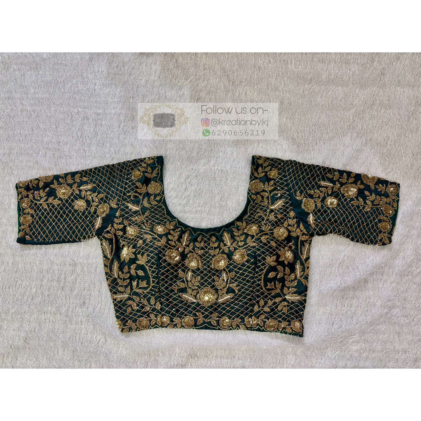 Dark Green Floral Bridal Cutdana Jaal Blouse Piece kreationbykj
