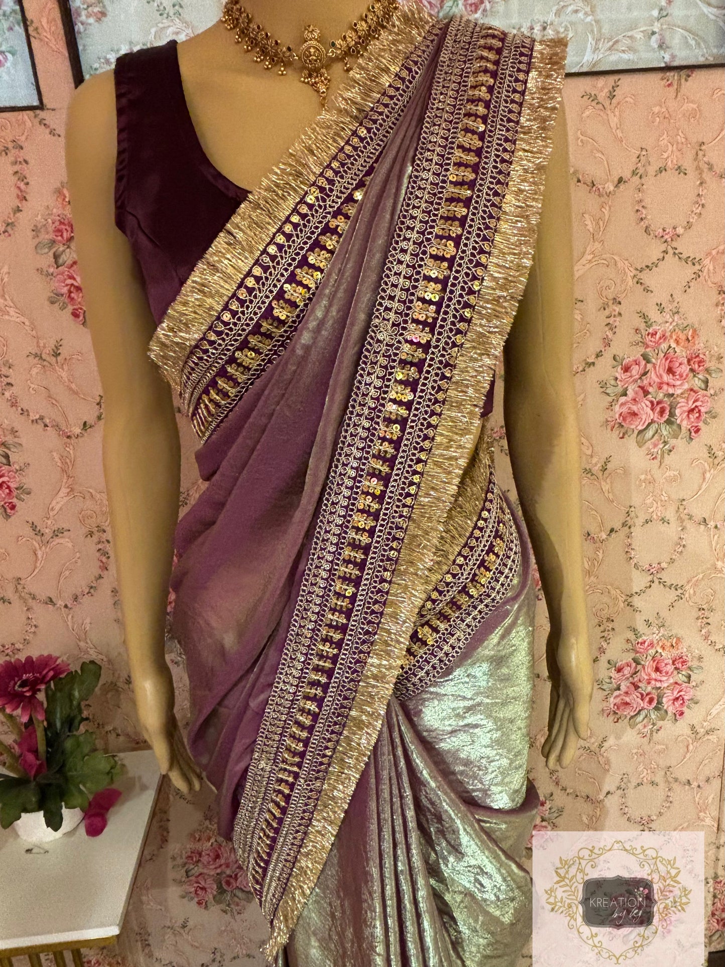 Mauve Metallic Shimmer Satin Banno Saree kreationbykj